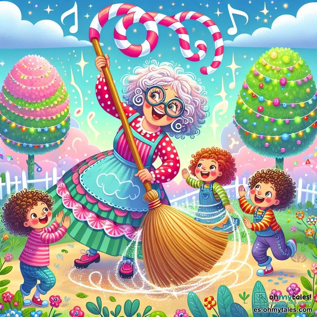 Ilustración que representa un jardín encantado, donde los árboles son de caramelo y las flores cantan bajo un cielo azul pastel salpicado de nubes en forma de algodón. En el centro, una mujer de cabello despeinado, con gafas de gran tamaño y un delantal colorido, está bailando con una escoba animada, pintada de colores vivos y con una cara sonriente. Cerca, un grupo de tres niños, de unos 7 a 10 años, con cabello rizado y rostros radiantes de alegría, intentan imitar los movimientos de la danza de la escoba, riendo y aplaudiendo. La escena irradia una atmósfera de magia y felicidad, con destellos de luz brillando alrededor de la escoba que gira, y notas de música flotando en el aire, añadiendo un toque festivo a esta alegre invención.