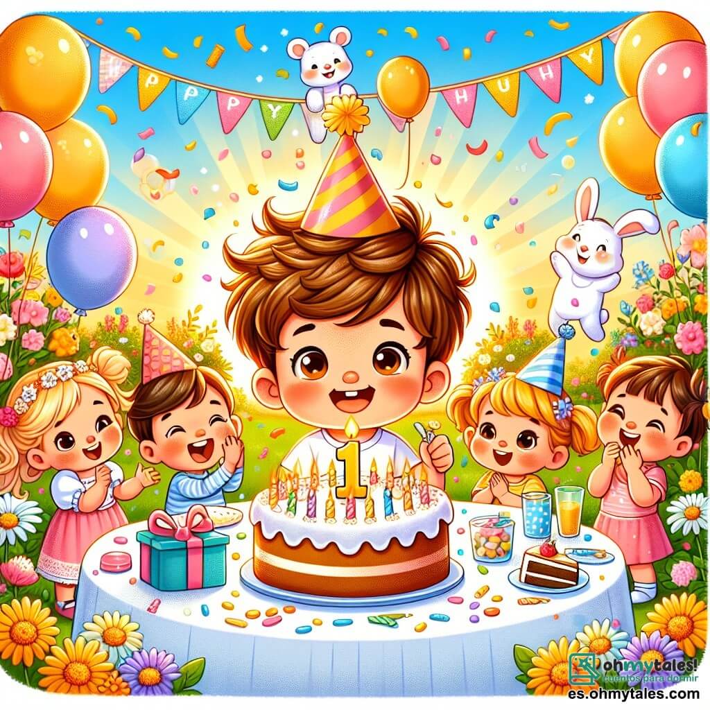 Ilustración que representa una fiesta de cumpleaños alegre en un jardín soleado, lleno de flores coloridas y globos flotantes. En el centro, un niño de 1 año, con cabello castaño desordenado y ojos brillantes, sonríe con asombro mientras sostiene un trozo de pastel de chocolate en sus pequeñas manos. A su alrededor, varios niños, incluida una niña de 2 años con coletas y un vestido rosa que aplaude con alegría, y un niño de 3 años con un sombrero de fiesta azul que sostiene un regalo colorido. Al fondo, un adorable conejito blanco, con grandes ojos curiosos, observa la escena. La situación principal muestra al niño rodeado de sus amigos, todos riendo y divirtiéndose, con confeti flotando en el aire y un gran pastel decorado con velas brillantes sobre la mesa.