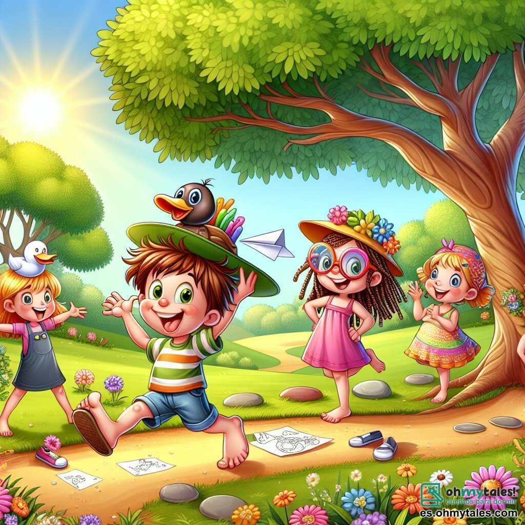 Ilustración que representa un gran parque soleado, lleno de exuberante vegetación y flores coloridas. En el centro, un gran árbol con ramas extendidas ofrece sombra, mientras un camino de grava serpentea por el parque, rodeado de risas de niños que juegan. Un niño de unos 8 años, con el cabello castaño despeinado y una sonrisa traviesa, lleva una sandalia decorada con una cara sonriente. Baila alegremente, llamando la atención de sus amigos. Junto a él, una niña de 9 años, con grandes gafas de colores y trenzas, lleva un sombrero de papel y hace gestos exagerados como una reina. Otro niño, de 8 años, se sostiene en un pie, disfrazado de pato, con una gran sonrisa y plumas de papel en su ropa. Finalmente, una niña de 7 años, con cabello rizado y un vestido colorido, sostiene un calcetín desparejado y dibuja en la arena con un palo, creando una gran obra de arte. La escena muestra a estos cuatro amigos riendo juntos, cada uno exhibiendo orgullosamente su objeto ridículo, mientras un grupo de niños a su alrededor los observa con diversión. Risas y un ambiente alegre flotan en el aire, capturando el espíritu de amistad y creatividad de esta aventura hilarante.