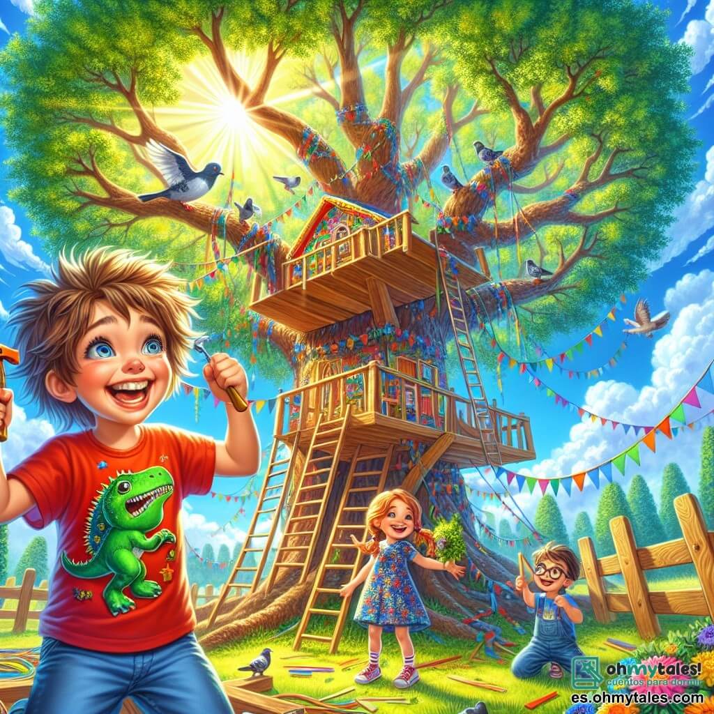 Ilustración que representa un gran parque soleado, con un cielo azul brillante salpicado de nubes blancas que parecen caramelos. En el centro, un inmenso roble con hojas verdes exuberantes, cuyas ramas se extienden como brazos acogedores. Un niño de 7 años, con el cabello castaño alborotado y una camiseta roja con un motivo de dinosaurio, está subiendo con entusiasmo a una casa del árbol colorida, construida con tablones de madera y decorada con cintas multicolores. Sonríe ampliamente, con los ojos brillantes de alegría, sosteniendo un pequeño martillo en una mano. A su lado, dos amigos: una niña de 7 años con trenzas rubias y un vestido de flores, que ajusta guirnaldas de telas coloridas alrededor de la casa, y un niño de 8 años, con gafas y una camiseta azul, que sostiene una rama para alejar a las palomas curiosas que se acercan a la casa. La escena muestra la emoción de construir la casa del árbol, con risas y colores vivos, mientras las palomas vuelan alrededor, atraídas por las decoraciones. Migas de pan están esparcidas por el suelo, añadiendo un toque de dinamismo a esta alegre aventura de amistad.