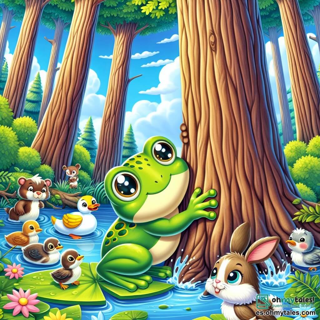 Ilustración que representa una escena animada en un hermoso y verde bosque, donde grandes árboles de troncos gruesos se elevan hacia un cielo azul salpicado de nubes blancas y esponjosas. En el centro, una pequeña rana de ojos redondos y brillantes, de un verde intenso, se encuentra sobre una hoja de lirio de agua, lista para saltar con determinación. Tiene manchas amarillas en la espalda y una sonrisa valiente en su rostro, mientras observa un gran tronco que bloquea el camino hacia una charca. Alrededor de ella, varios animales del bosque se reúnen: un pato de plumas amarillas y blancas, que nada en el agua, y un pequeño conejo de grandes orejas, con pelaje suave y marrón, que observa con curiosidad. Todos parecen preocupados pero decididos a ayudar. La situación principal muestra a la rana y sus amigos animales unidos, listos para empujar el gran tronco de madera y liberar el camino. Salpicaduras de agua brotan a su alrededor, y flores coloridas bordean la escena, añadiendo un toque alegre a la atmósfera. En conjunto, se transmite una sensación de amistad y solidaridad, ilustrando el poder del trabajo en equipo en la naturaleza.