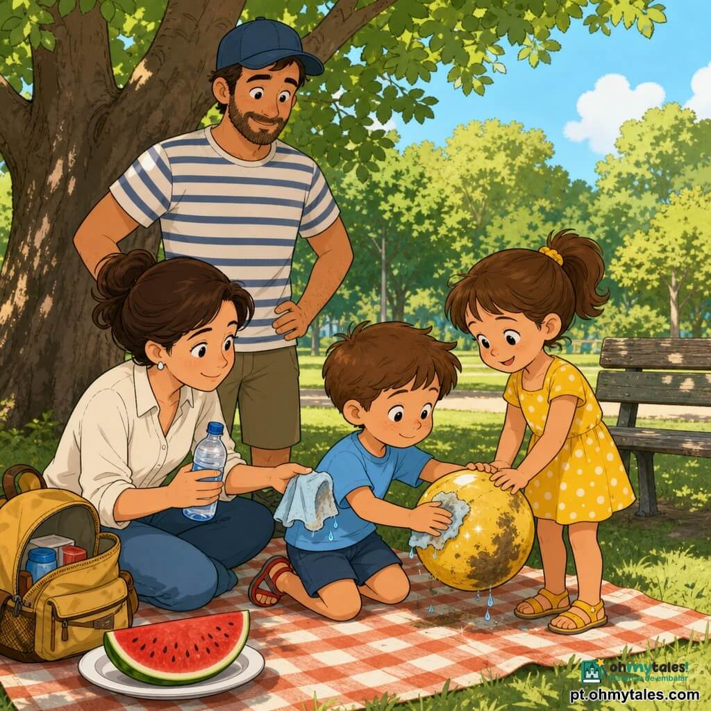 Menino de 4 anos — cabelos castanhos curtos, sardas, camiseta azul-claro e sandálias vermelhas — rosto concentrado e meigo — ajoelhado, esfregando uma bola amarela com um paninho úmido, algumas gotas de água visíveis; menina de 5 anos (Inês) — rabo de cavalo castanho, vestido amarelo com bolinhas brancas — sorriso aliviado — de pé ao lado do menino, uma mão sobre a bola, olhar benevolente; mãe — mulher de cerca de 30 anos, cabelo preso, camisa leve, mochila aberta — sorriso calmo — sentada numa toalha xadrez, segura uma pequena garrafa de água e oferece o paninho; pai — homem de cerca de 30 anos, barba rala, boné, camiseta listrada — gesto protetor — em pé atrás, fazendo sombra com o corpo, olhar orgulhoso; lugar — pequeno parque de verão com relva verde, banco de madeira gasto, grande árvore e luz solar quente, prato com fatia de melancia sobre a toalha; situação — momento terno e simples: o menino limpa a bola suja de lama, a mancha clareia, gotas de água brilham, as crianças sorriem; ambiente calmo, cores vivas e contornos nítidos em estilo banda desenhada infantil.