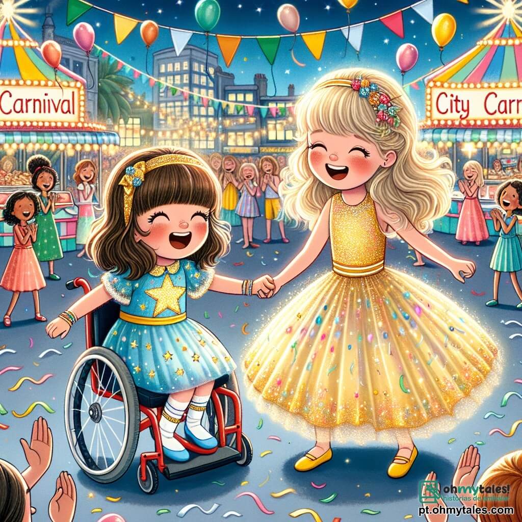 Duas meninas, Lila e Mia, estão no centro da cena. Lila, de 8 anos, tem cabelos dourados que brilham ao sol e usa um lindo vestido amarelo decorado com estrelas cintilantes. Ao lado dela, Mia, também de 8 anos, tem cabelos castanhos e usa uma blusa azul com padrões de estrelas, sentada em sua cadeira de rodas decorada com guirlandas coloridas. Elas se seguram pelas mãos, sorrindo e rindo juntas. O cenário é uma grande praça animada, cheia de balões coloridos flutuando no ar, confetes caindo suavemente e pessoas dançando alegremente. Barracas de comida e jogos são visíveis ao fundo, enquanto um grande painel indica "Carnaval da Cidade" com luzes brilhantes. A situação principal mostra Lila e Mia dançando em um pequeno palco improvisado, cercadas por espectadores maravilhados que as aplaudem. As duas meninas brilham de felicidade, ilustrando a magia da amizade e da criatividade no carnaval.