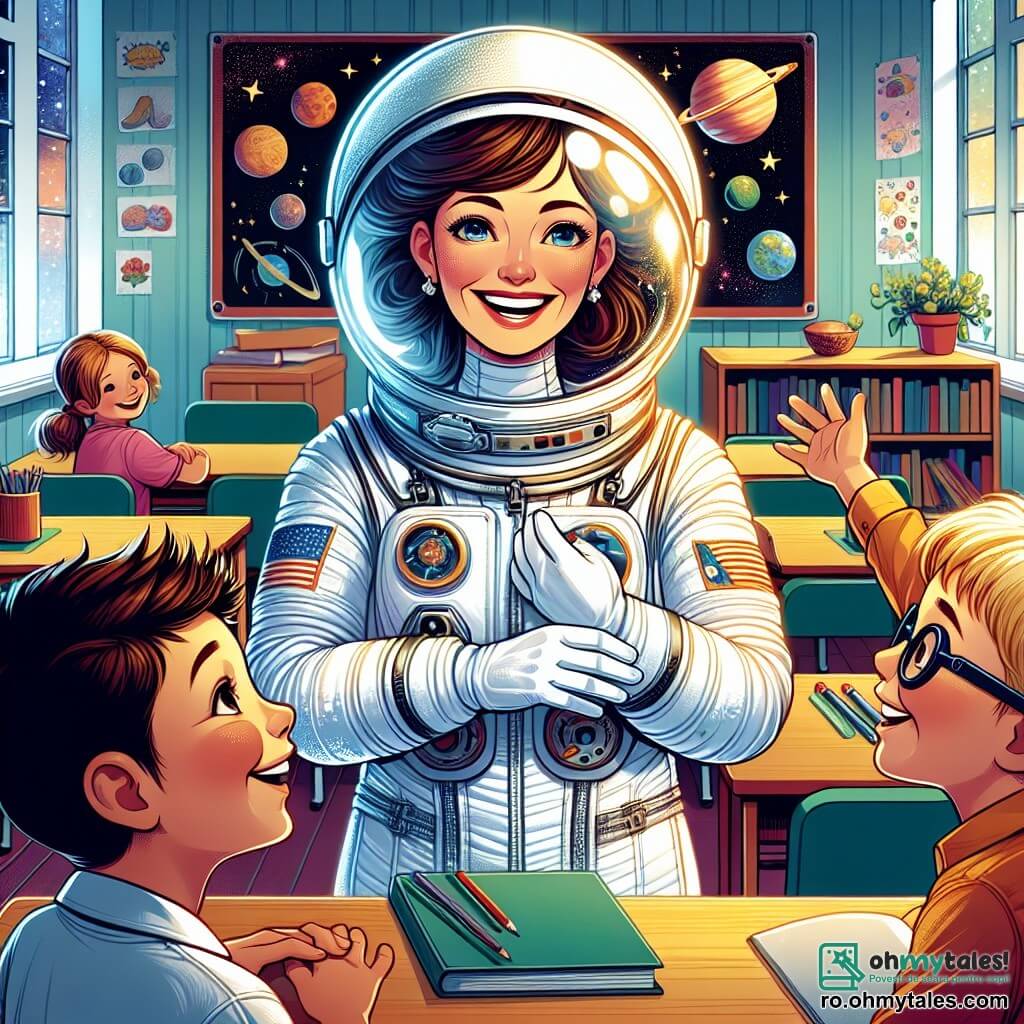O astronaută, o femeie pe nume Ana, stă în centrul imaginii, radiantă și zâmbitoare, în costumul ei spațial alb strălucitor, cu o cască transparentă care îi dezvăluie fața veselă. Ochii ei strălucesc de entuziasm în timp ce gesticulează cu entuziasm, împărtășind aventurile ei spațiale cu copiii. La dreapta ei, un băiat pe nume Andrei, în vârstă de aproximativ 8 ani, cu părul brun și ochii sclipitori, o ascultă cu admirație, cu brațele încrucișate și un zâmbet mare pe față. La stânga ei, o fetiță pe nume Maria, tot de 8 ani, cu părul blond și ochelari, ridică mâna pentru a pune o întrebare, fața ei fiind iluminată de curiozitate. Decorul se desfășoară într-o sală de clasă colorată, cu pereți împodobiți cu desene de planete și stele, afișe educaționale despre spațiu și feronete care lasă să intre lumina soarelui. Birouri din lemn sunt dispuse în jurul Anei, pline de cărți și creioane. Situația principală o arată pe Ana captând atenția copiilor povestindu-le despre aventurile sale în spațiu, încurajându-i să viseze și să își imagineze un viitor în care ar putea deveni astronauți, dansând și distrându-se împreună.
