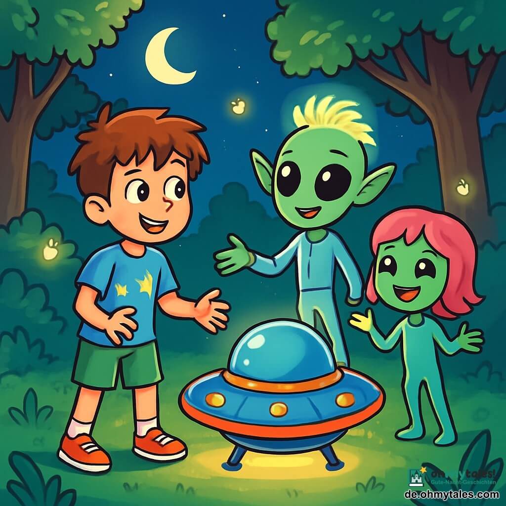 Ein 10-jähriger Junge namens Ben steht in einer Waldlichtung, seine Augen leuchten vor Staunen und Neugier. Er hat zerzauste braune Haare, ein blaues T-Shirt mit Sternenmotiv und eine grüne Shorts. Seine Hände sind geöffnet, als wäre er bereit, etwas Magisches zu berühren. Neben ihm schwebt Filo, ein kleiner Außerirdischer mit grüner Haut und riesigen Augen, leicht über dem Boden. Er hat leuchtende Haare und trägt einen silbernen Anzug, der im Licht der Sterne funkelt. Mina, eine weitere Außerirdische, ist kleiner, hat rosa Haare und ein strahlendes Lächeln, sie steht direkt hinter Filo und schaut Ben begeistert an. Die Lichtung ist von majestätischen Bäumen umgeben, deren Blätter im Mondlicht glänzen, und Glühwürmchen tanzen um sie herum, was eine magische Atmosphäre schafft. Im Zentrum der Szene steht ein kleines, rundes Raumschiff in lebhaften Farben, das einen sanften Lichtschimmer abgibt. Die Hauptsituation zeigt Ben, der fasziniert auf das Raumschiff zugeht, während Filo und Mina ihn einladen, einzusteigen, bereit, ihr unglaubliches intergalaktisches Abenteuer zu teilen.