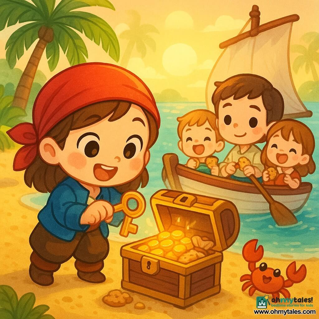 A smiling young female pirate with round cheeks and bright eyes, wearing a vivid red scarf and small blue jacket, holds a gold key and opens a treasure chest with wonder; a young adult named Niko with short brown hair rows gently beside the small white-and-red boat, standing at the stern and watching curiously; a small crew of two children (~8) in colorful clothes sing and hold cookies gathered around the captain; a bright red crab with big black eyes waves a claw near the chest on the sand; the setting is a bright tropical island with green palms, textured golden sand and a calm turquoise sea with sparkling waves; the small cheerful boat has a beige sail and rests near shore; the scene centers on the opening chest revealing shiny coins and a small bag of cookies, with joyful expressions, warm sharing atmosphere, saturated colors, soft rounded lines and golden sunset light.