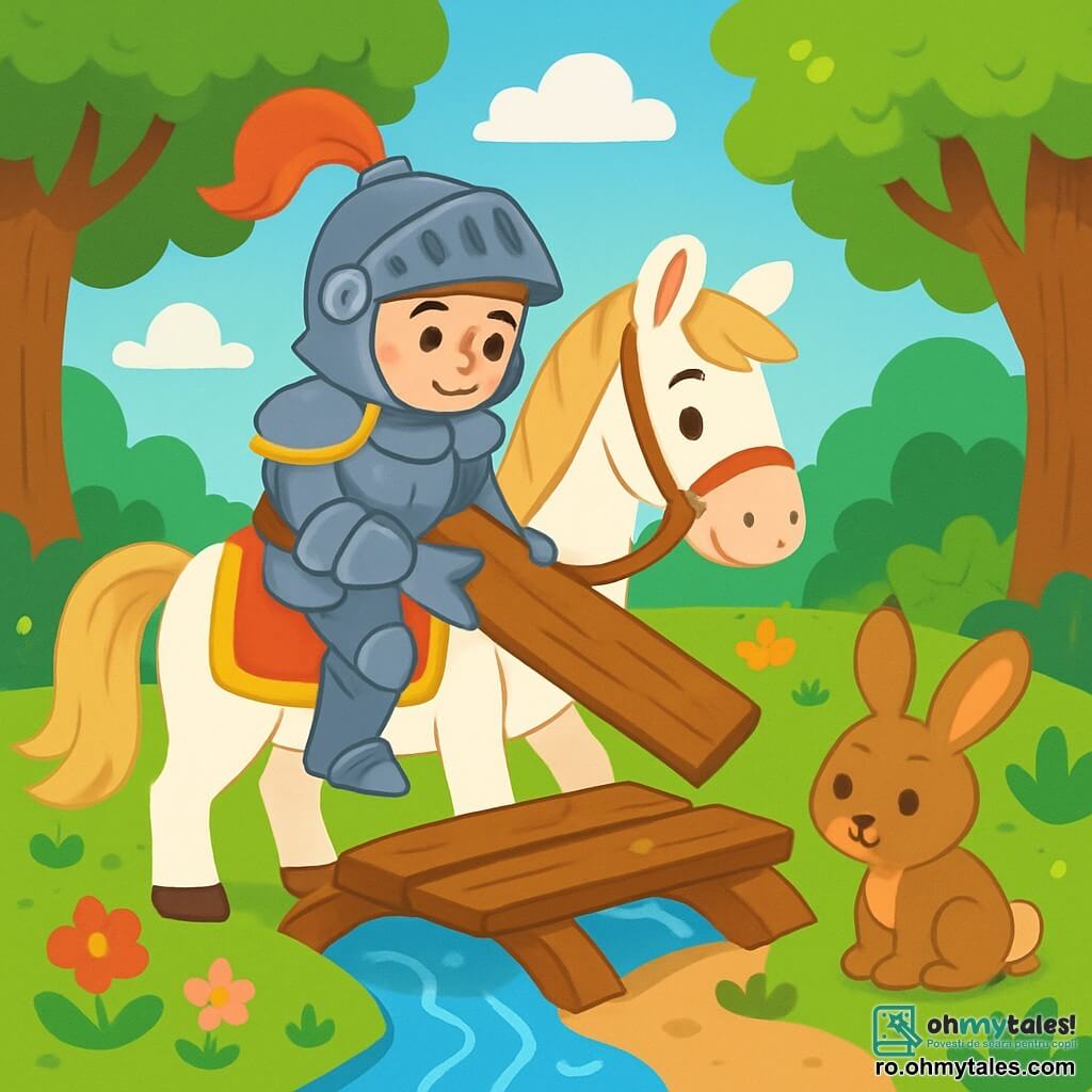 Un cavaler curajos, pe nume Vlad, este reprezentat pe calul său mare și alb. Poartă o armură strălucitoare, împodobită cu modele aurii, iar fața sa exprimă determinare și bunătate. El repară un mic pod din lemn deasupra unui pârâu strălucitor, folosind plăci mari de lemn. Aproape, un iepuraș cu urechi mari, cu blană moale și brună, îl privește pe Vlad cu curiozitate. Pare puțin pierdut, așezat pe iarba verde și proaspătă. Locul este o pădure fermecată, cu copaci măreți cu frunze de un verde strălucitor, flori colorate care cresc de-a lungul căii și un cer albastru presărat cu nori albi pufoși. Situația principală arată cum Vlad repară podul, hotărât să ajute iepurașul să-și găsească mama, fiind înconjurat de frumusețea naturii.