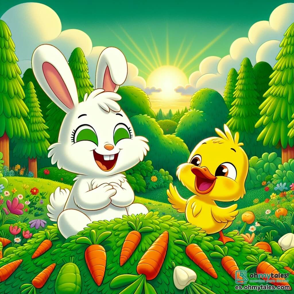 Un pequeño conejo llamado Tito, con un pelaje suave y blanco, grandes orejas erguidas y ojos brillantes de curiosidad, está sentado en una colina verde, riendo a carcajadas. A su lado, un pato llamado Pepe, con plumas amarillas brillantes y una gran sonrisa, se mantiene en pie moviendo sus alas, con los ojos brillantes de emoción. El escenario es un hermoso paisaje de bosque, con árboles majestuosos de hojas verdes brillantes, flores de colores esparcidas y un cielo azul claro salpicado de nubes blancas esponjosas. La escena muestra a Tito y Pepe rodeados de una montaña de zanahorias coloridas, riendo y divirtiéndose mientras preparan su fiesta de zanahorias bajo la suave luz del sol poniente.