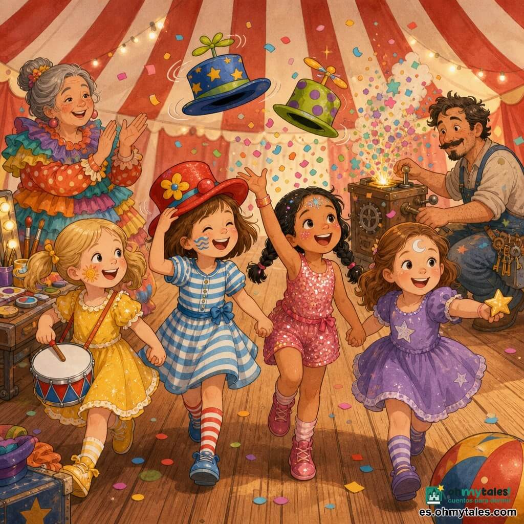 Hay seis personajes: Clara, niña de 6 años, coletas rubias, vestido amarillo, toca un pequeño tambor y tiene un sol pintado en la mejilla; Lila, niña de 6 años, pelo castaño corto, vestido azul a rayas, ríe sosteniendo un sombrero de payaso rojo; Maya, niña de 6 años, trenza negra, traje rosa con purpurina, lanza confeti con destellos en la frente; Sofía, niña de 6 años, pelo castaño claro, vestido violeta, tiene media luna blanca pintada y ofrece una estrella adhesiva; Pompón, mujer de ~40 años, directora de maquillaje, moño gris, vestido de volantes coloridos, aplaude junto a un pupitre de maquillaje; Tico, hombre de ~35 años, maquinista, mono manchado de pintura y cinturón de herramientas, agazapado junto a una pequeña máquina que suelta confeti. Lugar: pista de circo interior bajo carpa roja y blanca, suelo de madera pulida, guirnaldas de luces, telón de terciopelo rojo corrido y público infantil difuminado; cerca hay una mesa con botes de pintura y pinceles. Situación: las cuatro niñas desfilan tomadas de la mano por la pista con la cara pintada (sol, olas, purpurina, luna), accesorios y dos sombreros cómicos girando; Tico acciona la máquina que libera confeti mientras Pompón aplaude; ambiente alegre, colores saturados, texturas suaves y movimiento dinámico.