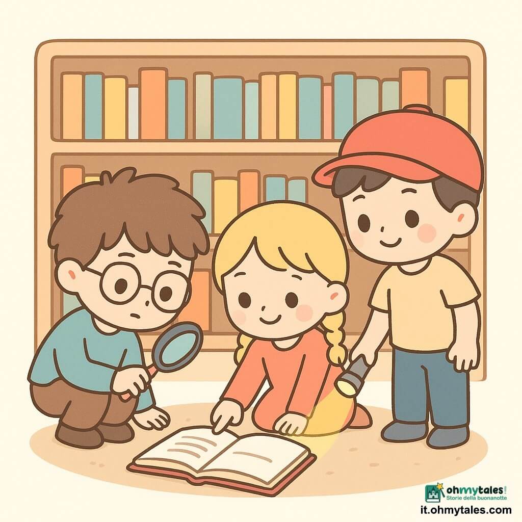 Marco, un ragazzo con capelli castani arruffati e occhiali rotondi, ha un'espressione concentrata e curiosa. È accovacciato vicino a uno scaffale della biblioteca, tenendo una lente d'ingrandimento colorata. Accanto a lui, Giada, una bambina di 8 anni con capelli biondi intrecciati e un sorriso malizioso, indica una pagina di un libro sul pavimento. Omar, un ragazzo di 9 anni con un cappellino rosso, sta in piedi con una piccola torcia accesa, illuminando lo spazio sotto lo scaffale. La biblioteca è luminosa e accogliente, con scaffali pieni di libri colorati e un tappeto morbido. La scena mostra Marco che scopre la pagina mancante del libro, circondato dai suoi amici, in un'atmosfera di mistero e amicizia.