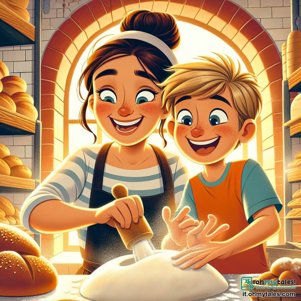 Clara, una donna sorridente di circa trent'anni, ha lunghi capelli castani raccolti in uno chignon e indossa un grembiule a righe. Sta impastando della pasta per il pane, con le guance arrossate dallo sforzo e lo sguardo pieno di gioia. Accanto a lei, Luca, un bambino di 8 anni con capelli biondi in disordine e una maglietta colorata, mescola la farina con entusiasmo, gli occhi brillanti di eccitazione. La panetteria è calda e accogliente, con muri in mattoni rossi e scaffali in legno pieni di pani dorati e dolci appetitosi. Il sole filtra attraverso le grandi finestre, illuminando la stanza con una dolce luce dorata. In questa scena, Clara e Luca si divertono a modellare pani a forma di cuore, circondati dalla farina che vola nell'aria, creando un'atmosfera gioiosa e vivace.