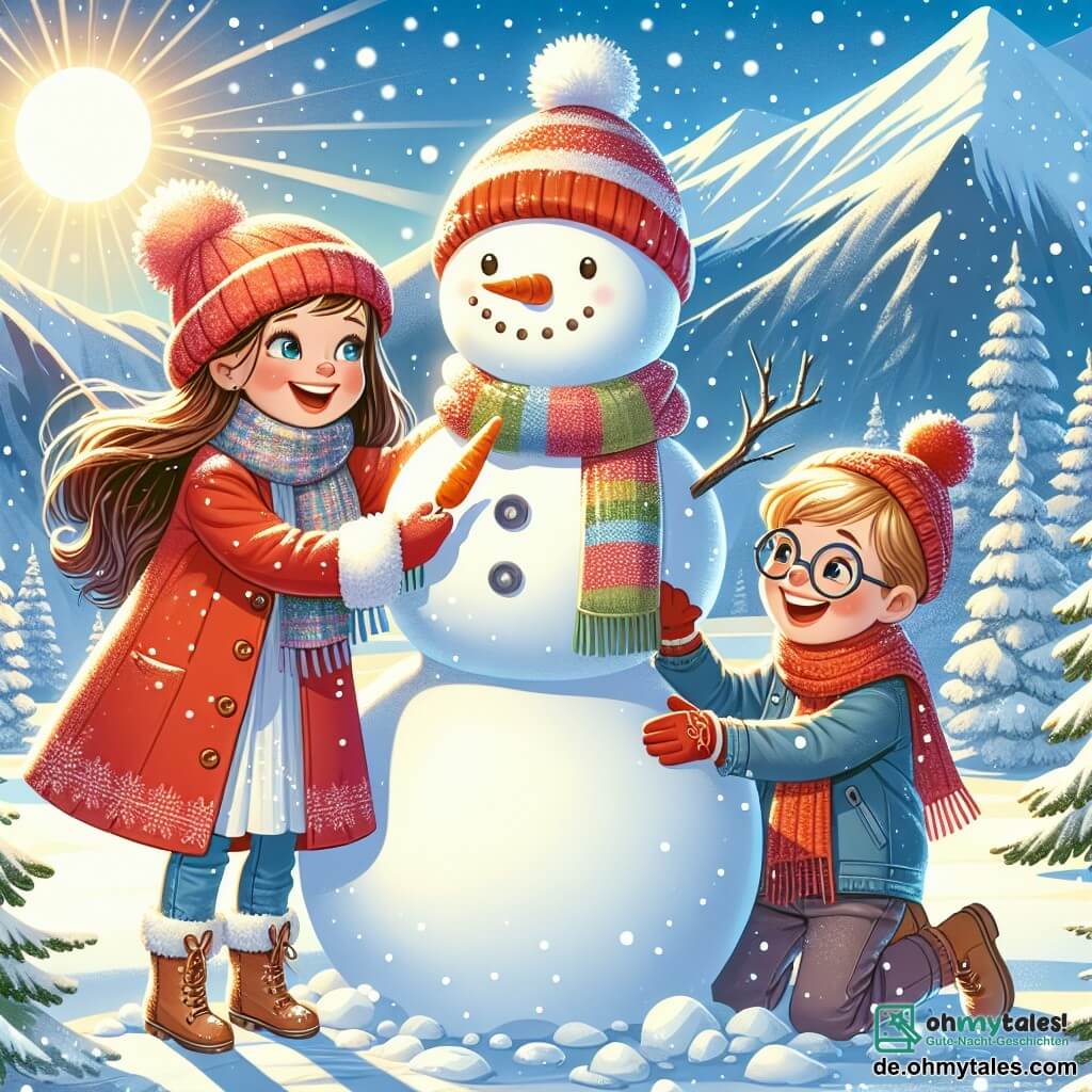 Ein 10-jähriges Mädchen, Lena, mit langen braunen Haaren und rosigen Wangen, lächelt fröhlich, während sie einen großen Schneemann baut. Sie trägt einen leuchtend roten Mantel, einen bunten Schal und Wollhandschuhe. Neben ihr hält ihr 7-jähriger Bruder Max, der blonde Haare und eine Brille trägt, eine Karotte für die Nase des Schneemanns und lacht begeistert. Die Szene spielt in einer wunderschönen Winterlandschaft: majestätische Bäume sind mit funkelndem Schnee bedeckt, der Himmel ist klarblau und die Sonne strahlt. In der Ferne erheben sich majestätische schneebedeckte Berge und bereichern die Schönheit dieses winterlichen Bildes. Lena und Max schaffen ihren Schneemann, lachen und spielen im frischen Schnee, voller Aufregung und Glück.