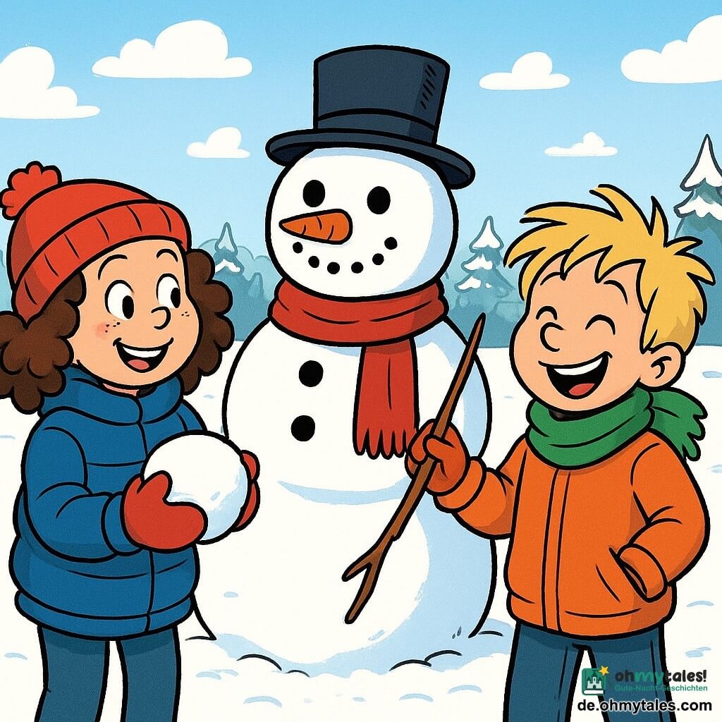 Ein 8-jähriges Mädchen, Lina, mit braunen lockigen Haaren und rosigen Wangen, lächelt fröhlich, während sie einen Schneeball hält. Sie trägt eine dicke blaue Jacke, eine rote Mütze und passende Handschuhe. Neben ihr steht ein 8-jähriger Junge, Jonas, mit zerzausten blonden Haaren, der lacht und einen Stock hält, um im Schnee zu zeichnen. Er trägt einen grünen Schal und eine orangefarbene Jacke. Vor ihnen steht ein großer Schneemann mit einem schwarzen Hut und einem roten Schal. Im Hintergrund ist ein kleiner Schneeiglu von einigen Bäumen umgeben, die mit glitzerndem Schnee bedeckt sind. Der Boden ist vollständig weiß, und der Himmel ist hellblau mit ein paar wattigen Wolken. Die Szene strahlt eine Atmosphäre von winterlichem Spiel und Kameradschaft aus.