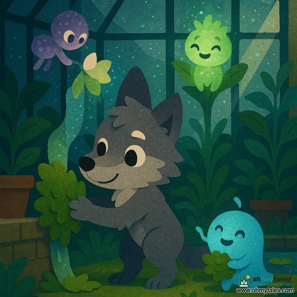 Main character: a small wolf named Luma with smoky gray fur and a white patch over one eye, big curious eyes and a gentle smile, bravely pressing a clump of green moss into a crack to stop a leak; Secondary 1: a round pale-blue alien like a glowing pebble with two waving arms and blinking eyes, floating to Luma’s right and holding moss; Secondary 2: a small plump green creature with shimmering skin and an amazed smile, perched on a tall leaf behind Luma, casting a soft green glow; Secondary 3: an even smaller pearlescent purple creature with sparkling eyes, tapping open a moonflower while floating above a terracotta pot to Luma’s left; Setting: a large glass greenhouse at night with misted panes, rows of lush plants and huge leaves, a small lily-pad pond and moonlight streaming through thousands of glinting droplets; Scene: a warm, magical, friendly moment as Luma and the three glowing visitors collaborate to plug the leak with green moss, blue, green and violet colors blending.