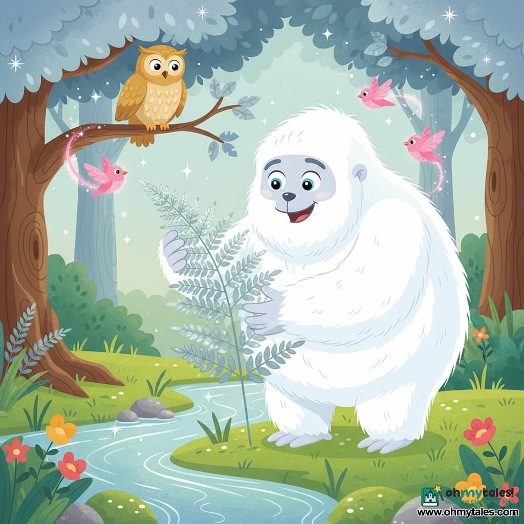 A large white Yeti, soft and round with big sky-blue eyes, looks joyful and amazed; its fur is textured in soft tufts and its chubby hands gently caress a large silver leaf, while a wise old owl with golden feathers perches above watching kindly, crystalline pink-feathered birds flutter about leaving sparkling trails; the scene is by a shimmering stream with emerald grass, colorful flower clusters and a smooth mossy stone, backed by twisted-trunk trees with silver leaves forming a sparkling canopy—the Yeti is reviving a wilted silver fern that unfurls into bright leaves, in a bright, magical, pastel-lit, softly contrasted, childlike warm style.
