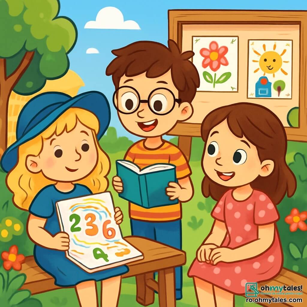 Există 3 personaje: Ana, o fetiță de 8 ani cu părul blond și bucle vesele, purtând o pălărie mare și frumoasă albastră, stând pe o bancă cu un zâmbet timid pe față, ținând un carnet plin de desene colorate; Luca, un băiat de 9 ani cu părul brun și ochelari rotunzi, purtând un tricou cu dungi, stând lângă Ana, ținând o carte deschisă, cu ochii strălucind de entuziasm; Maria, o fetiță de 8 ani cu părul castaniu și ochii strălucitori, purtând o rochie roz cu buline, stând pe bancă, aplecată înainte, ascultând-o pe Ana cu atenție și zâmbind încurajator. Locul este o curte de școală însorită, înconjurată de copaci verzi cu frunze strălucitoare și flori colorate, cu un panou mare de afișaj din lemn decorat cu desene de copii, iar râsetele răsună în aer. Situația principală arată cum Ana își împărtășește cu prietenii cum vede cifrele ca forme dansatoare, în timp ce Luca și Maria o ascultă cu atenție, înconjurați de un halou de culori vii și bucurie.