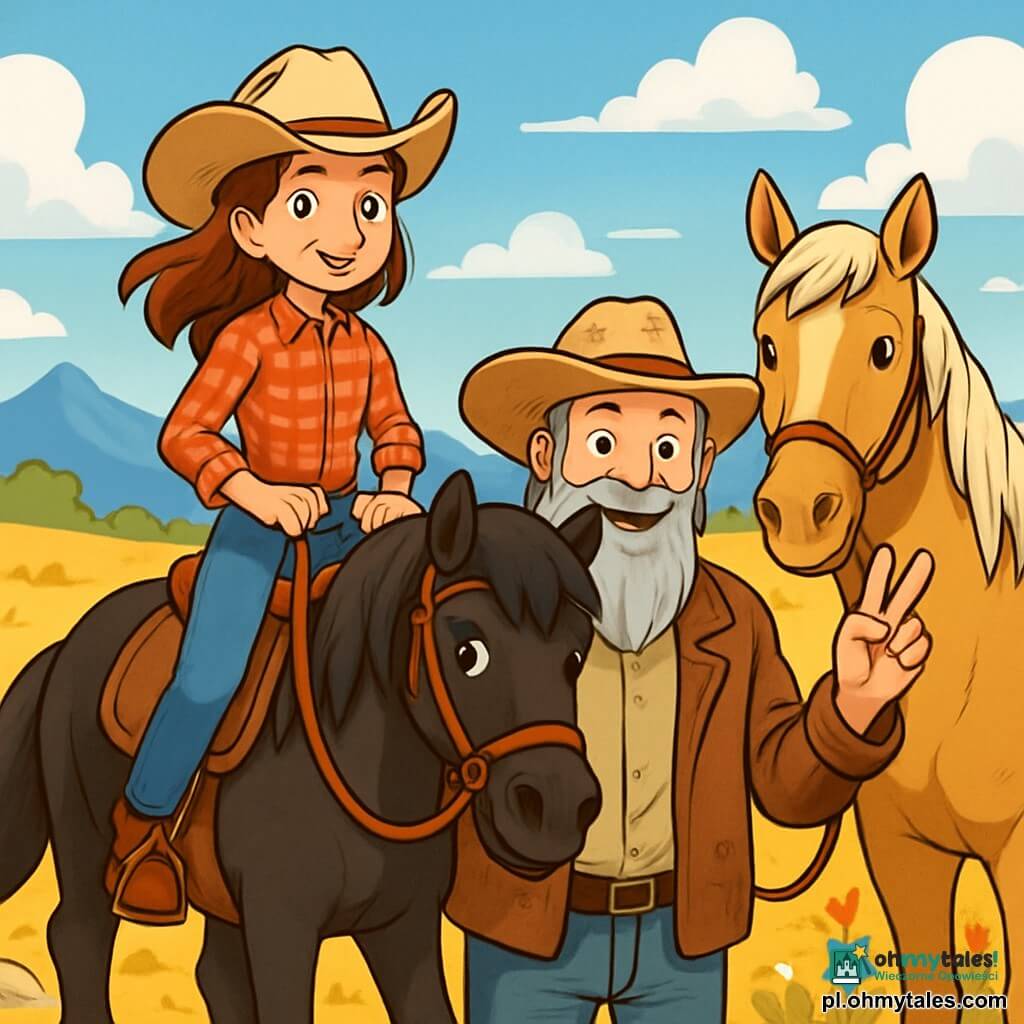 Młoda cowgirl, Emily, około 12-letnia, siedzi na swoim czarnym koniu, Shadow, z determinacją na twarzy. Ma na sobie beżowy kapelusz kowbojski, czerwoną koszulę w kratę i znoszone dżinsy, a jej kasztanowe włosy powiewają na wietrze. Obok niej stoi mężczyzna w wieku około 60 lat, z długą szaro-białą brodą i słomkowym kapeluszem, podnosząc rękę w geście pokoju i uśmiechając się ciepło. Ma na sobie znoszoną skórzaną kurtkę i stoi obok swojego konia, dużego palomino. Tło to rozległa, złota preria, usiana kolorowymi dzikimi kwiatami, pod jasnoniebieskim niebem z białymi, puszystymi chmurami. W oddali widać majestatyczne góry na horyzoncie. Główna scena pokazuje Emily i jej towarzyszy podróży przygotowujących się do przekroczenia wąskiej ścieżki, z rozrzuconymi wokół kamieniami, podczas gdy lekki wiatr unosi pył z ziemi. Są zjednoczeni i gotowi stawić czoła wyzwaniom swojej przygody, ilustrując ducha koleżeństwa i odwagi.