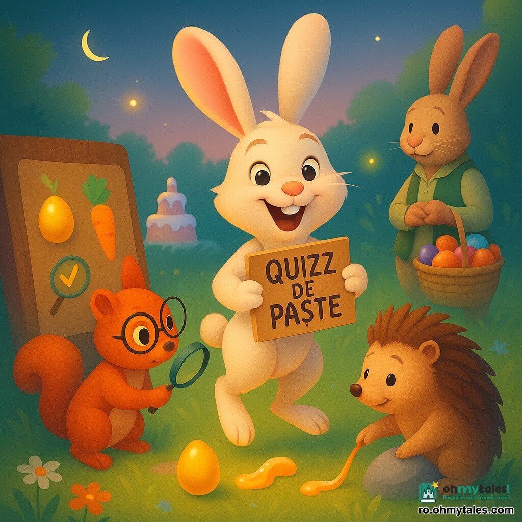 Riri, un iepuraș tânăr antropomorf cu urechi lungi și blană ivorie, zâmbește jucăuș ținând o pancartă „QUIZZ DE PAȘTE” și sare pe picioarele din spate; Tica, veveriță mică cu ochelari rotunzi și blană roșcată, e concentrată cu o lupă lângă un panou cu indicii; Gogu, ariciu la trup și țepi bruni, atinge cu un spin un fir strălucitor de glazură; Moț, un iepure mai în vârstă în vestă verde, stă în spate lângă un coș cu ouă colorate; scena e o poiană de primăvară luminată, iar atmosfera sugerează o vânătoare de indicii de Paște cu obiecte-cheie (ou auriu, glazură, morcov sculptat), culori pastel cu accente portocalii/roșii și lumină blândă.