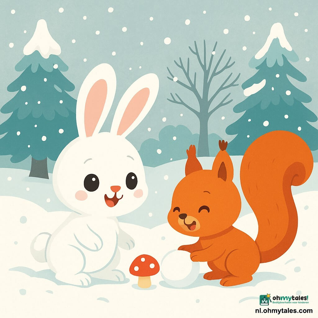 Een klein konijntje met grote oren, genaamd Petit Lapin, staat in een besneeuwd landschap, zijn ogen stralend van nieuwsgierigheid en verwondering. Hij heeft een zachte, donzige vacht van stralend wit en kijkt om zich heen met een blije glimlach. Naast hem rolt een ondeugend eekhoorntje, met felrood bont en een pluizige staart, een kleine sneeuwbal terwijl het van blijdschap lacht. Een schattig, rood paddenstoeltje met witte stippen staat net achter hen en voegt een vleugje kleur toe aan het decor. De plek is een vredig bos, bedekt met een dikke laag glinsterende sneeuw onder een zachte grijze lucht, met bomen waarvan de takken vol sneeuw hangen. De scène toont Petit Lapin en Eekhoorn die samen in de sneeuw spelen en blije herinneringen creëren op deze koude winterdag.