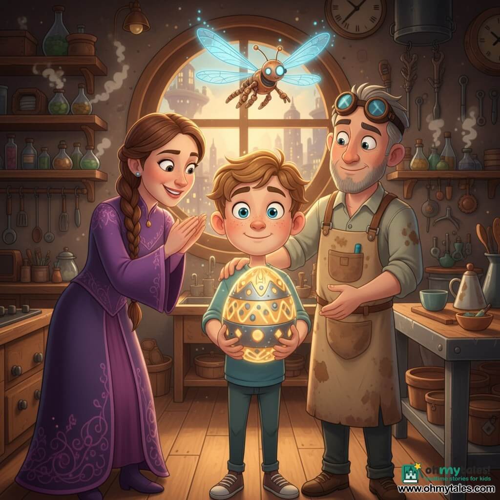 A 10-year-old boy with a round freckled face and tousled chestnut hair, wide bright eyes and a proud, awed expression, stands in the center of a warm kitchen holding delicately a large glowing egg decorated with golden patterns and silver circuitry; to his left a mother of about 35 in a modern purple witch dress embroidered with sparks, long braided hair and a tender smile, claps gently leaning toward the egg; to his right a father of about 36, an inventor in an oil-stained beige work smock with round glasses pushed to his forehead and short salt-and-pepper hair, rests a protective hand on the boy’s shoulder looking amazed; a palm-sized copper-polished dragonfly guide robot named Chrono with translucent electric-blue wings hovers near the egg emitting a soft glow; the steampunk-magical kitchen-workshop has wooden shelves with smoking vials, hanging mechanical tools, a large steel workbench and golden light through a round window showing floating skyscrapers; the scene depicts the boy presenting the egg found on a time-travel adventure, the egg emitting magical halos and tiny lightning, warm atmosphere, sharp details, saturated colors and soft cel-shaded shadows.