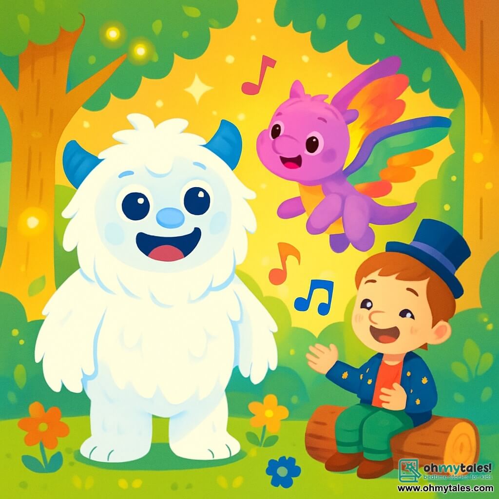 A gentle and fluffy yeti named Snowy, with bright white fur and round, shiny eyes, stands at the center of the scene, displaying a joyful and curious expression. Next to him, a small dragon named Lila, with rainbow wings and a plush body, joyfully flies around him, her eyes sparkling with happiness. In the background, a dreamer named Willow, a boy of about 10 years old, wears a miniature hat and a starry jacket, sitting on a tree trunk, smiling and telling stories. The setting is an enchanted clearing surrounded by tall trees with golden trunks and shimmering leaves, where lights dance in the air. The ground is covered in soft green grass dotted with colorful flowers that shine in the sun. The main scene shows Snowy, Lila, and Willow celebrating together in a magical atmosphere, as vibrant colors illuminate the clearing and musical notes float in the air, creating a joyful and lively ambiance.