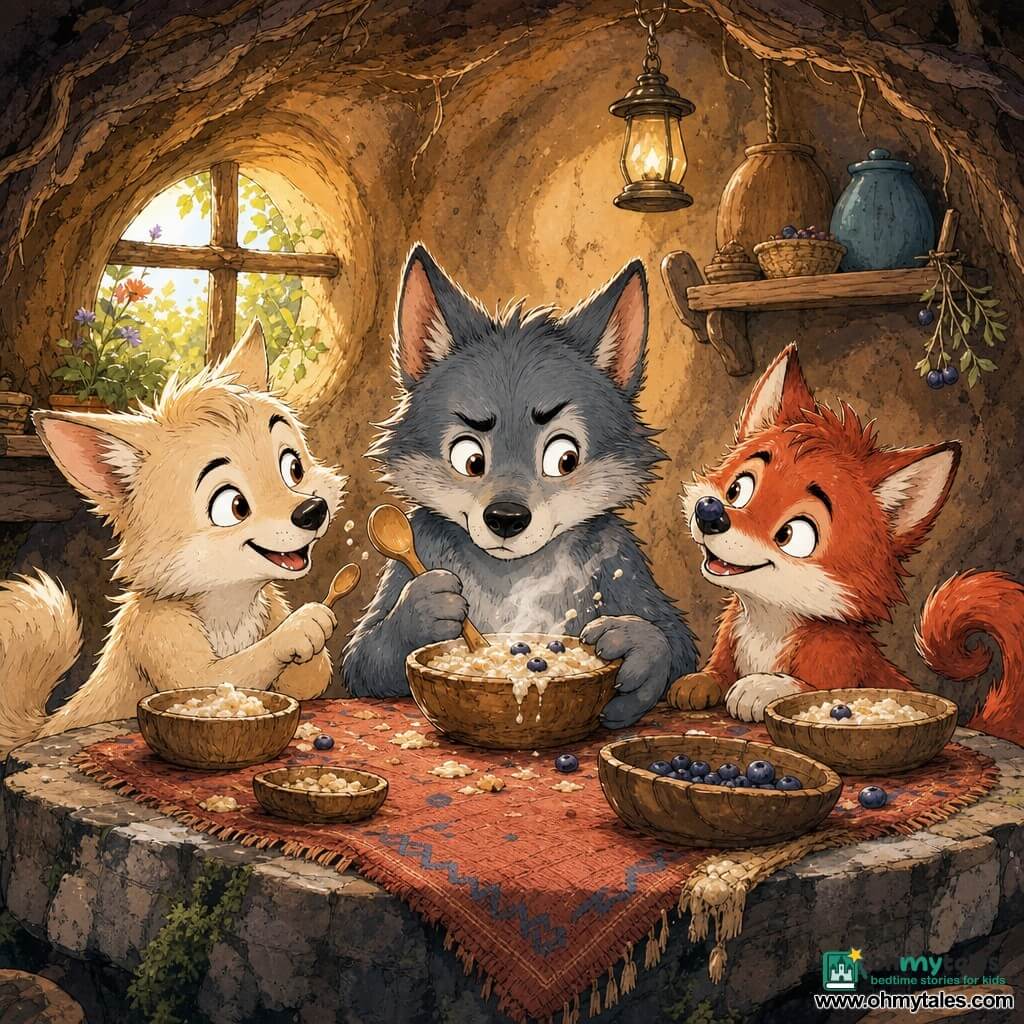 Little Wolf (main) is a blue-gray wolf pup with round bright eyes and a mischievous, worried look, holding a wooden spoon and guarding a steaming bowl of porridge from his siblings; Lila (sister) is a cream-furred junior she-wolf with sparkling eyes, smiling and teasing as she taps her small spoon on the table to his left; Riff (brother) is a red pup with a corkscrew tail, a playful face and a blueberry on his nose, leaning in on the right; they sit at a thick stone table draped with a woven cloth, rustic wooden bowls, crumbs and porridge splatters visible, inside a warm burrow dug into a hill with earthen walls streaked with roots and golden light through a small round window—an animated, comic sibling breakfast scene with exaggerated gestures, bright colors and clean ink lines to keep the action clear and playful.