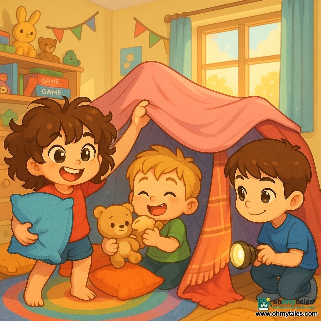 An 8-year-old girl, Lily, with chubby round cheeks and messy brown curls, holds a blue pillow and drapes a pink blanket over a fort; a 6-year-old boy, Max, with short blond hair and crumb-speckled cheeks, hugs a stuffed toy and adds cushions to Lily’s left; a 10-year-old boy, Jake, with straight brown hair and a conspiratorial smile, crouches to fix the fort’s “door” on the right while holding a flashlight. The colorful playroom has pale yellow walls, a rainbow rug, toy-filled shelves, bunting and warm late-afternoon light; the three children build a giant blanket-and-cushion fort at the center, laughing, with a slightly open entrance and a handle wrapped in a small throw as if a “monster-door” might enter, creating a bright, soft-textured, dynamic, warm and joyful scene.