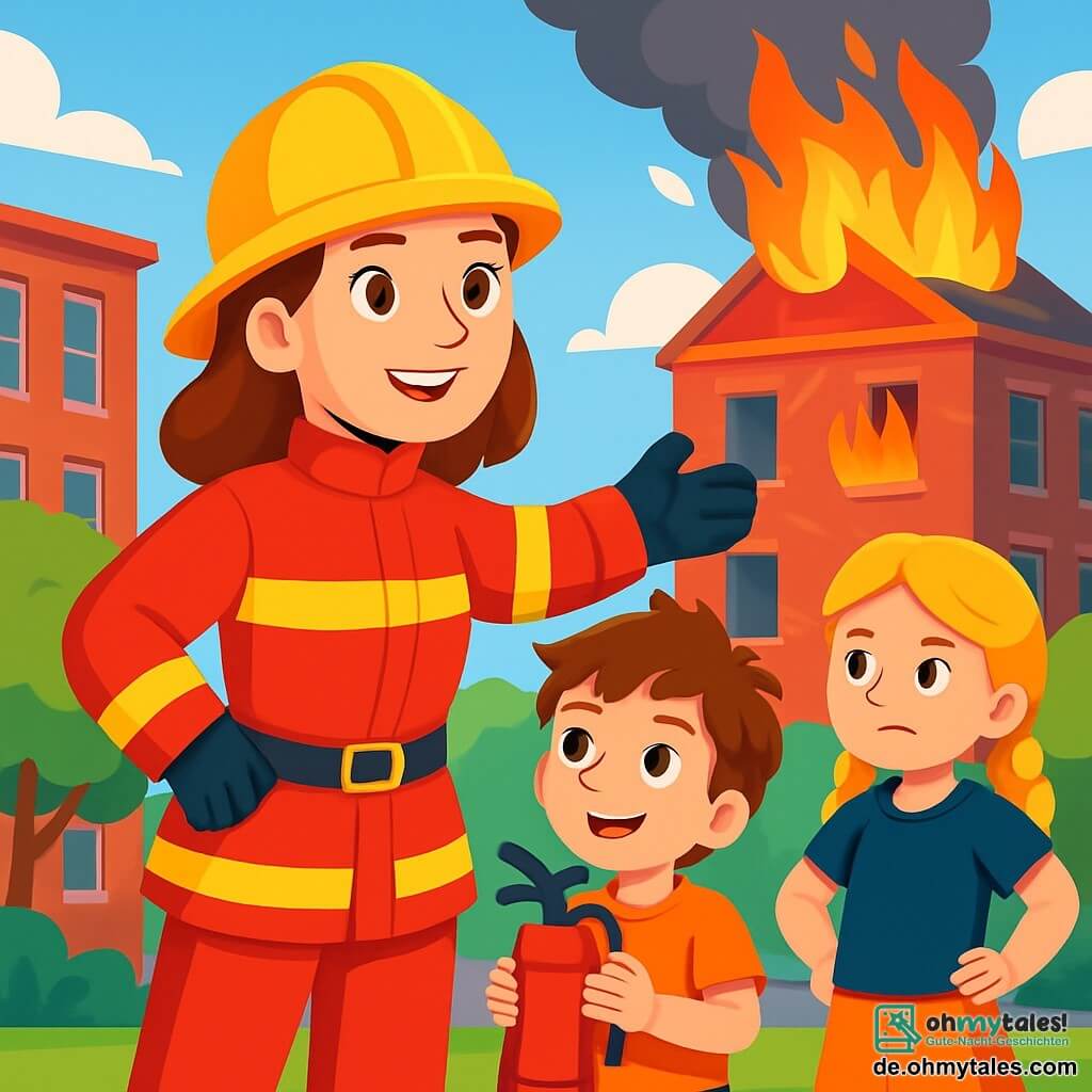 Eine Feuerwehrfrau, Anna, steht stolz vor einem brennenden Gebäude, ihr Gesicht strahlt Entschlossenheit und Mut aus. Sie trägt eine leuchtend rote Uniform, einen glänzenden gelben Helm und schwarze Handschuhe, während sie ihr Team selbstbewusst anleitet. Neben ihr schaut ein 10-jähriger Junge, Timmy, mit zerzausten braunen Haaren bewundernd und hält einen kleinen Plastikfeuerlöscher. Ein weiteres Kind, Lisa, ein 9-jähriges Mädchen mit langen blonden Zöpfen, steht etwas abseits mit den Händen in die Hüften gestützt und zeigt einen konzentrierten Gesichtsausdruck. Der Ort ist ein Stadtviertel mit roten Backsteinbauten und grünen Bäumen. Orange und gelbe Flammen steigen vom Dach eines Gebäudes auf, während schwarzer Rauch in den blauen Himmel aufsteigt. Die Hauptsituation zeigt Anna, die ihrem Team Anweisungen gibt, bereit, das Feuer zu bekämpfen, während Timmy und Lisa bewundernd zuschauen und davon träumen, Feuerwehrleute wie sie zu werden.