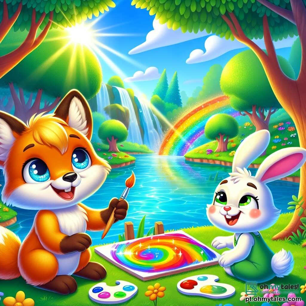 Um pequeno raposo chamado Rufi, com pelagem dourada e olhos brilhantes de curiosidade, está à beira de uma linda lagoa cintilante, com um grande sorriso no rosto. Ele está pintando uma tela com cores vivas, representando uma árvore do arco-íris. Ao seu lado, um travesso coelhinho chamado Tico, com pelagem branca e grandes orelhas, observa admirado a pintura de Rufi, seus olhos brilhando de excitação. Ele está sentado na grama verde, com as patas dianteiras apoiadas nos joelhos, sorrindo alegremente. O local é um acampamento de verão encantador, cercado por grandes árvores com folhas exuberantes, e flores coloridas que dançam ao vento. A luz do sol filtra através dos galhos, criando sombras suaves no chão. A cena principal mostra Rufi e Tico, imersos em sua atividade criativa, compartilhando risadas e momentos de cumplicidade, ilustrando a magia da amizade e das férias de verão.