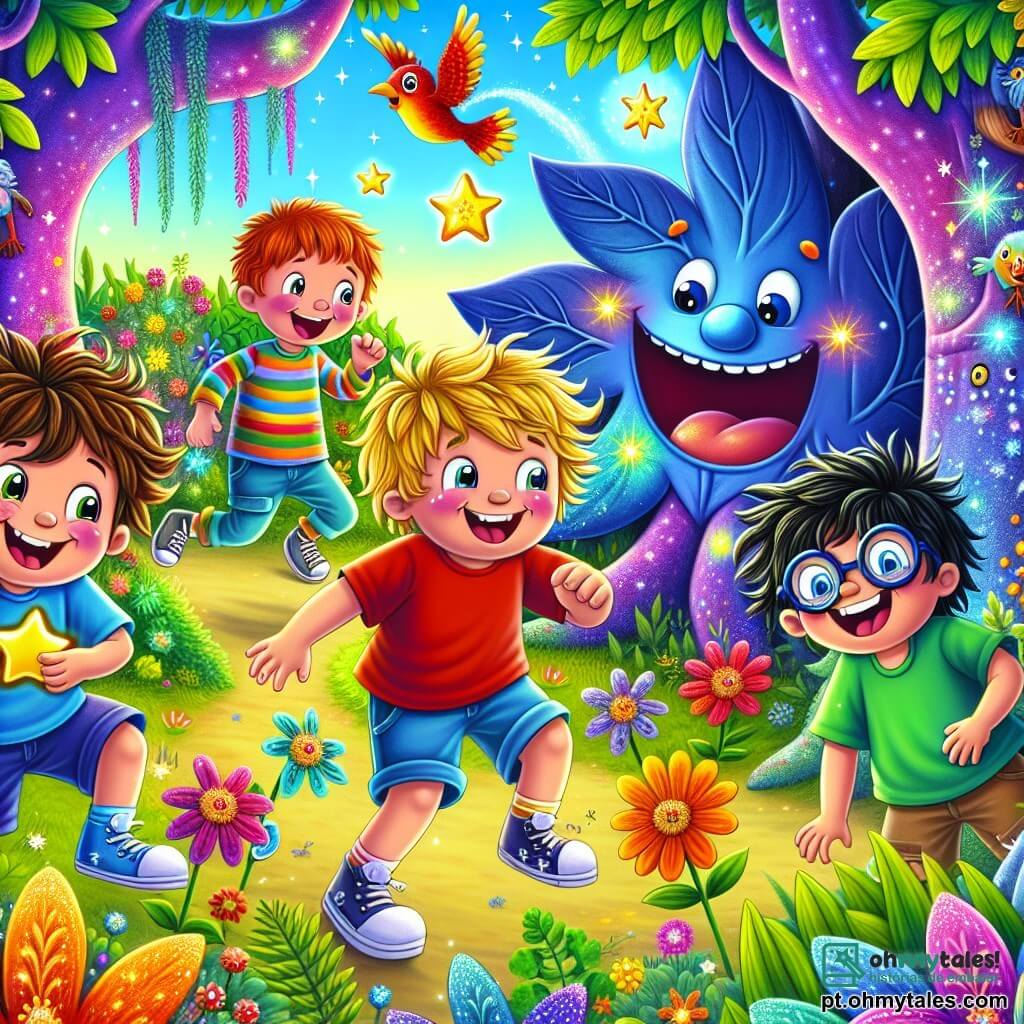 Quatro meninos de cinco anos, Léo, Beto, Tico e Nino, estão no centro de um mundo mágico e colorido. Léo, com cabelo castanho bagunçado e uma camiseta vermelha, sorri segurando uma estrela dourada brilhante. Beto, com cabelo loiro e um short azul, ri segurando a barriga. Tico, com óculos redondos e uma camiseta verde, corre em direção a uma grande folha gigante que faz caretas. Nino, com cabelo preto e um chapéu de palha, está escondido atrás de uma árvore azul que ri. O local é um jardim encantado, cheio de árvores coloridas, troncos roxos e folhas brilhantes. Flores multicoloridas dançam ao vento, e pássaros de penas vibrantes voam no céu azul. A cena principal mostra os quatro amigos brincando de esconde-esconde, cercados por criaturas divertidas como uma árvore risonha e uma folha que faz caretas, criando uma atmosfera alegre e lúdica.