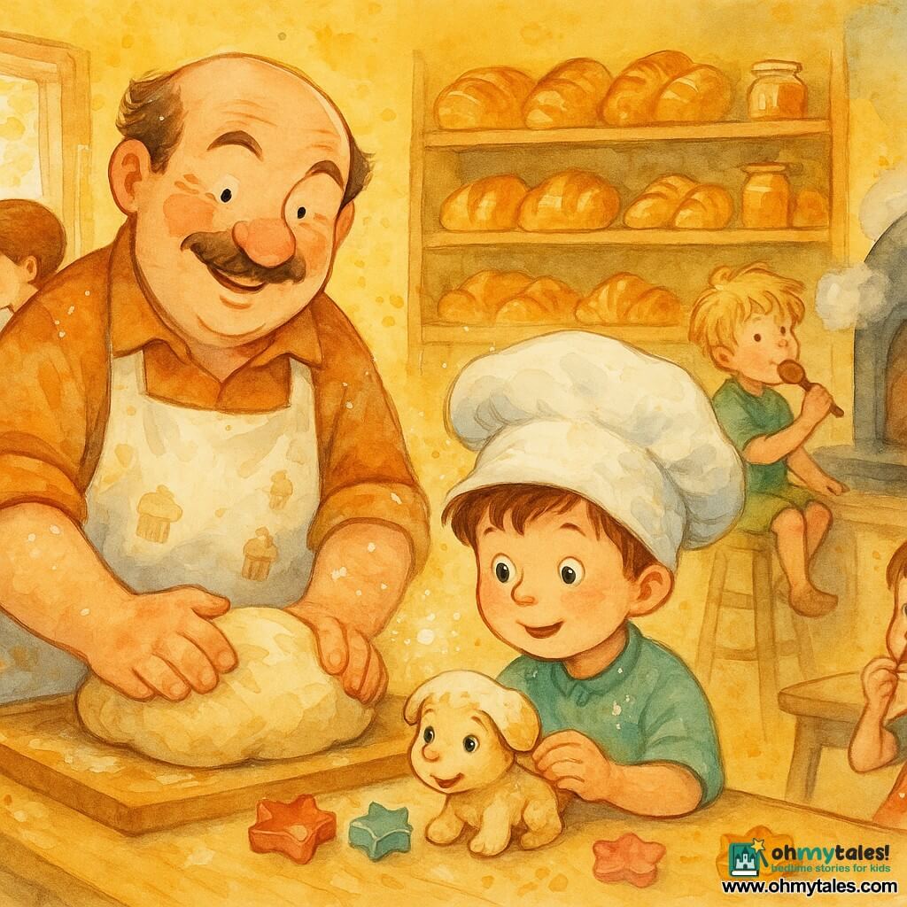 A warm bakery scene: smiling baker Mr. Crumble, round-faced with a thin mustache and flour-dusted cupcake-print apron, kneads a large ball of dough while seven-year-old Benny, flour-covered with an oversized chef’s hat, shapes a puppy-shaped dough beside him; an eight-year-old girl with a brown braid and polka-dot dress holds a star cookie cutter near a low table, and a tousle-haired six-year-old boy licks a wooden spoon sitting on a stool; sun-yellow walls, wooden shelves stacked with golden breads and flaky croissants and jars of honey, a flowered window letting in a ray of light, a black cast-iron oven ajar with steam, an animated pastry class with laughter, flour in the air, warm textures and watercolor pastel tones.