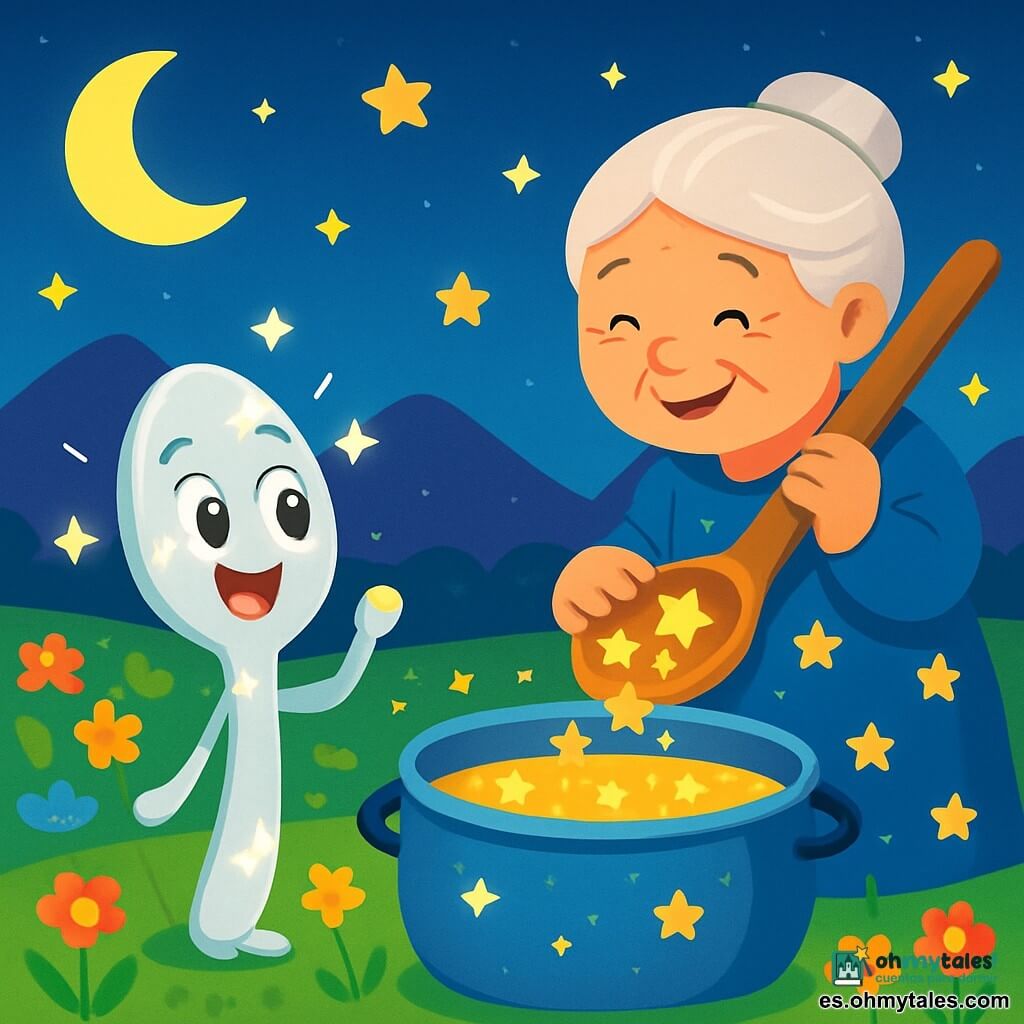 Brilli, una pequeña cuchara de plata, brilla bajo la luz de la luna. Con ojos chispeantes y una sonrisa alegre, está frente a una gran olla de metal donde bailan estrellas luminosas. A su lado, la dulce Abuela Luna, una anciana con cabello plateado y un vestido estrellado, sonríe cálidamente mientras vierte estrellas brillantes en la sopa con una gran cuchara de madera, su rostro radiante de bondad. El escenario es un cielo nocturno salpicado de estrellas brillantes, con un fondo de suaves montañas y un prado de flores coloridas que se extienden a lo lejos. La escena muestra a Brilli, maravillada, probando una gota de la sopa mágica, mientras constelaciones bailan a su alrededor, creando una atmósfera de magia y aventura.