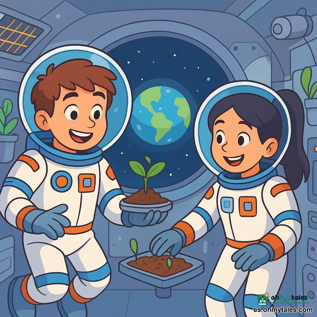 Un joven astronauta, llamado Marcos, flota en una estación espacial, con una sonrisa maravillada en su rostro. Lleva un traje espacial blanco con detalles coloridos, y su cabello castaño está ligeramente despeinado por la gravedad cero. Está manipulando una pequeña plataforma con semillas y tierra, observando con curiosidad los primeros brotes que emergen. A su lado, una niña, Lía, de unos 10 años, ajusta un panel de control. Tiene el cabello largo y negro, atado en una coleta, y también lleva un traje espacial. Sonríe con entusiasmo, compartiendo la emoción de la experiencia. La escena se desarrolla en el interior de una estación espacial futurista, con paredes plateadas y ventanas que ofrecen una vista espectacular de la Tierra azul abajo. Instrumentos científicos y plantas flotan a su alrededor, creando una atmósfera de descubrimiento y aventura. Marcos y Lía están realizando un experimento fascinante: hacer crecer plantas en el espacio. Las pequeñas semillas comienzan a germinar, y la suave luz de los paneles solares ilumina la escena, añadiendo un toque mágico a este momento de ciencia y amistad.