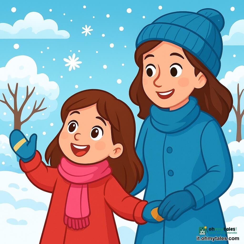 Una bambina di 6 anni, Anna, con lunghi capelli castani e guance rosa, è in piedi in un giardino innevato, con gli occhi brillanti di gioia e meraviglia. Indossa un grande cappotto rosso, una sciarpa morbida e guanti colorati, e tende la mano per prendere un fiocco di neve che cade dolcemente. Accanto a lei, sua madre, una donna di circa 30 anni con capelli castani e un sorriso caloroso, la guarda con tenerezza mentre indossa un cappotto blu e un berretto di lana. Tiene la mano di Anna, condividendo un momento di complicità. Il giardino è coperto da uno spesso strato di neve brillante, con alberi le cui branche sono cariche di fiocchi scintillanti, e il cielo è di un blu chiaro punteggiato di nuvole bianche. La scena principale mostra Anna e sua madre che scoprono la magia dell'inverno, circondate dalla neve, pronte a giocare e a creare ricordi indimenticabili insieme.