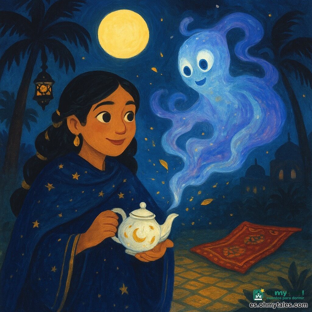 La protagonista es una mujer de ojos curiosos y sonrisa dulce, cabello negro trenzado con cintas doradas, con un chal de seda azul noche bordado de estrellas; sostiene una pequeña tetera de porcelana blanca decorada con lunas y vierte té cuya vapor forma remolinos plateados. Un genio translúcido y luminoso, no humano, surge de la tetera en una nube azul y violeta, con grandes ojos brillantes y manto de niebla, flotando frente a ella con expresión maravillada. En segundo plano, una pequeña alfombra voladora plegada sobre la hierba con motivos rojos y dorados sugiere partida inminente. El lugar es un jardín nocturno de Las Mil y Una Noches: mosaicos, palmeras en silueta, faroles metálicos que proyectan sombras, tejados de terracota y una gran luna llena. La escena principal muestra a la mujer de pie en un círculo de luz, la tetera abierta de la que sale el genio en vapor brillante, el aire cargado de especias (canela, cardamomo) y pétalos dorados que giran; escena mágica, cálida, llena de curiosidad y amabilidad.