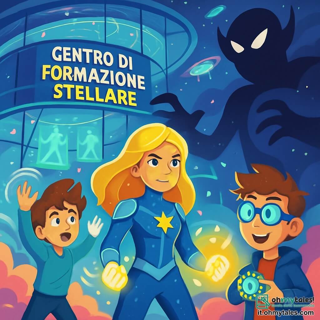 Luminara, una giovane donna dai capelli dorati scintillanti, si trova al centro della scena, il suo volto radioso di una determinazione luminosa. Indossa un costume futuristico blu e argentato, decorato con motivi stellati, e le sue mani brillano di un'energia luminosa, pronte a combattere l'ombra. Accanto a lei, Tempest, un ragazzo di circa 12 anni con capelli arruffati e occhi azzurri, solleva le braccia per evocare raffiche di vento, con un'espressione concentrata e audace. Gearboy, un altro ragazzo di 11 anni con occhiali tecnologici e un sorriso malizioso, regola un gadget brillante nella sua mano, pronto ad aiutare Luminara. La scena si svolge nel Centro di Formazione Stellare, una gigantesca struttura galleggiante con pareti di vetro trasparente, circondata da nuvole colorate e viali volanti. Luci scintillanti illuminano l'interno, mentre ologrammi di supereroi fluttuano intorno a loro. La situazione principale mostra Luminara e i suoi amici di fronte a Ombrax, una silhouette oscura e minacciosa che assorbe la luce circostante, creando un'atmosfera tesa e drammatica. I bagliori di luce di Luminara contrastano con l'ombra di Ombrax, simboleggiando la lotta tra il bene e il male.