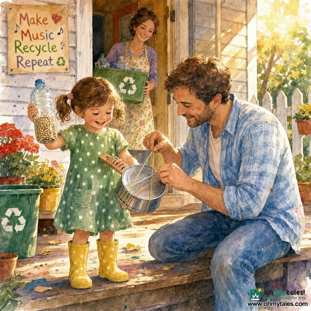 A joyful, focused 4-year-old girl with brown pigtails, rosy cheeks, yellow rain boots and a green polka-dot dress holds a plastic bottle filled with beans and a jar turned into a small guitar with rubber bands; she shakes the bottle and plucks the bands with a smile. A softly protective father in his early 30s with light stubble and a light blue plaid shirt sits on the porch step to her right, proudly helping stretch a rubber band on the jar. A mother in her 30s with tied chestnut hair and a floral apron stands in the doorway in the background, smiling and holding a clean recycling box. The scene is a small wooden porch bathed in evening light with sun stripes, red and yellow flower pots, a green recycling bin to the left and a white wooden fence; the floor shows watercolor-like stains and light leaves. The moment highlights making recycled instruments—a shiny rain bottle with grains and a handmade jar guitar—small active hands, a gentle eco-friendly atmosphere, warm pastel colors and visible watercolor textures with controlled splashes around the edges.