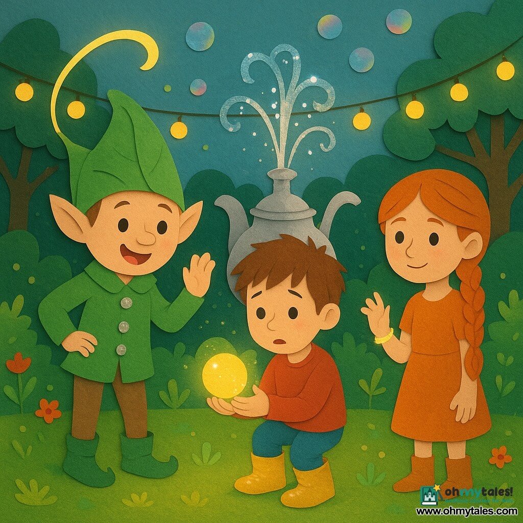 A mischievous, round‑faced little elf named Pip in a green buttoned jacket and leaf hat holds his hat as a thin ribbon of light lands on it; Milo, a 7–8‑year‑old boy with tousled hair and slightly oversized shining boots, looks awed and shy while holding a small yellow glowing bubble by a steaming silver teapot‑shaped fountain; Juniper, a 7–8‑year‑old girl with a confident smile and red braid and a sparkling fizz‑ribbon bracelet, stands beside him reaching toward the bubble; they are in a bright glade with luminous green moss, garlands of yellow lights, tiny vivid flowers, sparkling water jets and floating rainbow bubbles as the wish bubble rises and gently bursts, releasing a ribbon of glittery powder that crowns Milo — a scene of wonder, soft movement, vivid colors and paper‑cut textures.