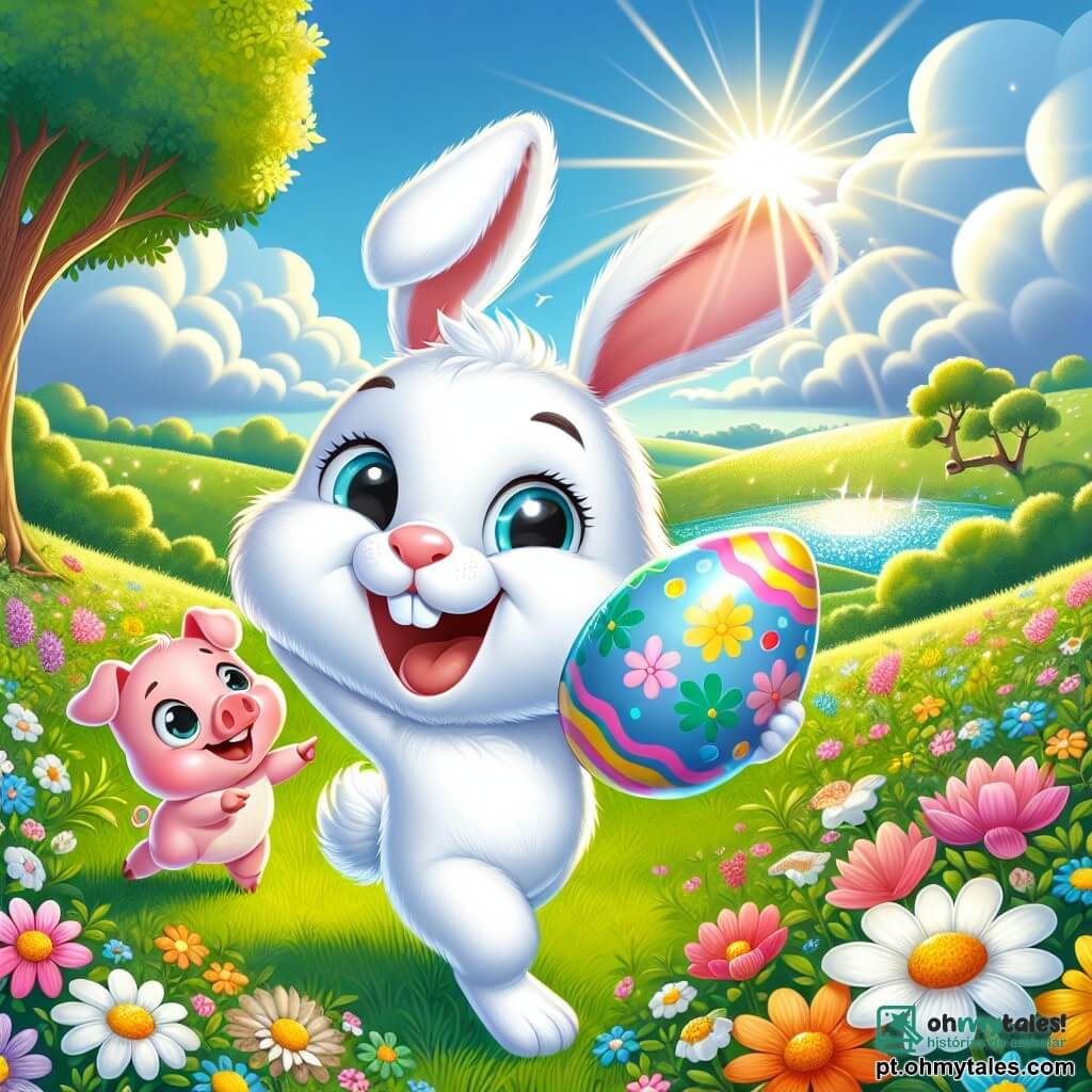 Um coelhinho travesso com grandes orelhas, pelagem branca e macia, salta alegremente em um campo verdejante, seus olhos brilhando de felicidade. Ele segura um ovo de Páscoa colorido com as patas dianteiras, um grande sorriso no rosto. Perto dele, um porquinho rosa, com um nariz redondo e bochechas rosadas, observa o coelhinho com curiosidade, seus olhos brilhando de excitação. Ele está próximo a uma árvore, apontando para o lago cintilante ao longe. O local é um campo ensolarado, repleto de flores vibrantes de todas as cores, com um céu azul claro e algumas nuvens brancas e fofas. Ao fundo, um lago reluzente reflete o sol, acrescentando um toque mágico à cena. A situação principal mostra o coelhinho descobrindo um grande ovo brilhante, rodeado de flores, pronto para partir em uma aventura em busca de um tesouro escondido, enquanto seu amigo o porquinho o encoraja com entusiasmo.