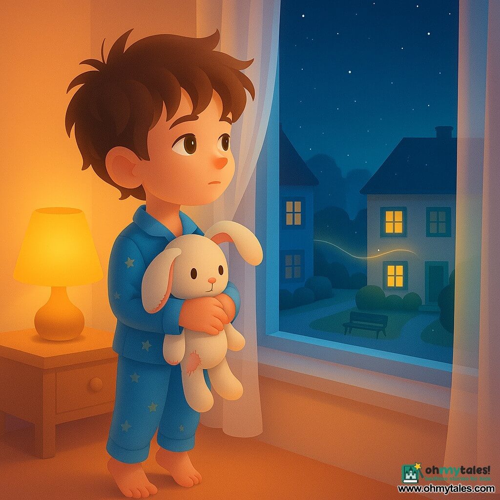 One character: Sammy — a 6-year-old boy with messy brown hair and hazel eyes, standing on tiptoe at an open window in blue starry pajamas, clutching a white rabbit comforter with pink-edged trim, a drooping ear and a small repaired seam, looking outside; setting: a cozy child's bedroom with cream walls, low shelves of colorful books, a yellow bedside lamp casting a soft glow and light curtains drawn aside to an open window onto a quiet street where two houses—one with blue shutters, one with green—are separated by a small garden and a park bench and linked by a thin imagined ribbon of light; scene: calm, poetic night with visible breath in the cool air, a slight breeze lifting the curtains, warm interior light contrasting with a deep blue starry sky, Sammy appearing pensive yet reassured.