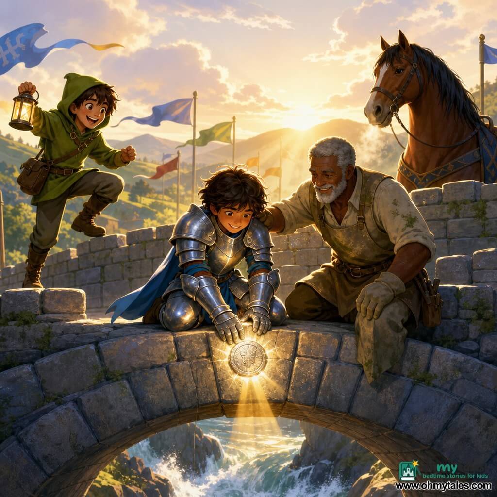 A young determined knight, Sir Cedric, kneels on a bridge stone sealing a glittering silver medal into the keystone; Master Thalwin, a smiling sixty-year-old stonemason with a short gray beard and lime-stained clothes, rests a hand on the knight’s shoulder to the right; Pip, a ten-year-old forest boy in a green hood with messy brown hair, laughs and hops on a nearby stone to the left holding a small lit lantern; the bay horse Ashen stands near the parapet exhaling steam; the setting is a massive ancient stone bridge over a rushing river with green hills and fluttering flags under a golden morning sky, a triumphant sunlit moment as the keystone is sealed and dusty stones glow in shared relief.