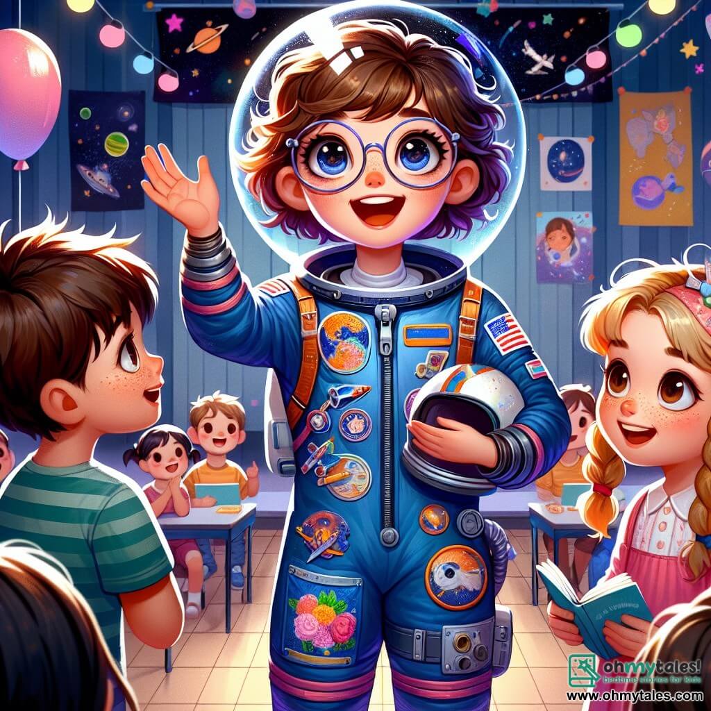 In the center of the image, Captain Stella Vega, a smiling female astronaut, is wearing a blue spacesuit adorned with colorful patches. Her short, curly hair slightly peeks out from her helmet, and her eyes shine with enthusiasm as she shares her adventures with children. She is making an expressive gesture with her hand, captivating her young audience. To her right, Sam, a boy about 10 with messy brown hair and round glasses, raises his hand excitedly, his face glowing with admiration. To her left, Lily, a 9-year-old girl with braided blonde hair, listens attentively with wide eyes, holding a small notebook to take notes. The setting is a school gym decorated with colorful posters of planets and stars. Balloons float from the ceiling, and a large NASA flag hangs on the wall. The main scene shows Captain Stella sharing fascinating stories about her space travels, surrounded by amazed children who dream of becoming astronauts themselves.