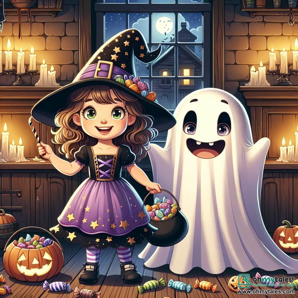 An 8-year-old girl, Lucy, stands in the center of the image, wearing a black witch hat adorned with golden stars. Her face is lit up by a big excited smile, her eyes sparkling with curiosity. She has curly brown hair falling on her shoulders and is dressed in a purple witch costume with bat patterns. Next to her, her friend Max, also 8 years old, is dressed as a ghost. He wears a floating white sheet with cut-out eyes revealing his smiling face. He holds a large bag of candy in one hand while pointing at a big old house with the other. The setting is a warm, slightly dark kitchen with aged wooden walls and a large wooden table in the center filled with colorful candies. Flickering candles illuminate the room, casting dancing shadows on the walls. A window in the background reveals a starry night and a mysterious garden. The main scene shows Lucy and Max, amazed, filling their bags with candy from a large overflowing bowl, while a group of friendly ghosts, children in old costumes, surrounds them, laughing joyfully, adding a magical touch to the Halloween atmosphere.