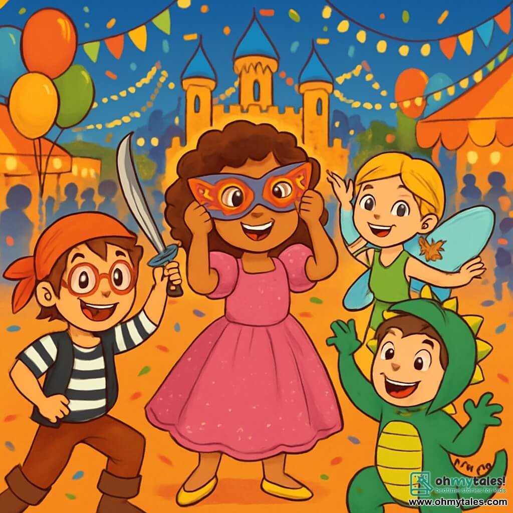 There are 4 children: Mia, a 10-year-old girl with curly brown hair and sparkling eyes, wearing a shimmering pink princess dress and golden shoes, stands in the center, smiling and full of energy. Leo, a 10-year-old boy with messy brown hair and round glasses, is dressed as a pirate in a red bandana and a black-and-white striped shirt, slightly forward to the left, holding a plastic sword. Zara, a 9-year-old girl with braided blonde hair and bright blue eyes, is dressed as a fairy in a green dress with sparkling wings, positioned gracefully to the right of Mia. Max, a 10-year-old boy with brown hair and freckles, is dressed as a dragon in a green costume with scales and a tail, slightly back to the right, making a dragon gesture with his arms. The setting is a vibrant carnival filled with bright colors, food stands, twinkling lights, floating balloons, and festive decorations. People are laughing and dancing around them, while a large papier-mâché castle is illuminated by string lights in the background. The main scene shows the four friends preparing a magic show for the carnival, laughing together with joyful expressions, as Mia wears a colorful mask, Leo acts silly, Zara dances with her wings, and Max mimics a roaring dragon.