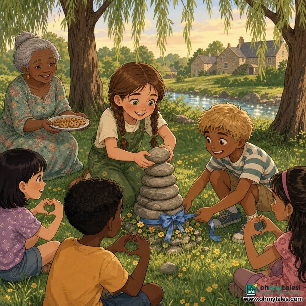 An 8-year-old girl with a freckled face, brown hair in two tied braids, sparkling green eyes and a joyful, proud expression places a small smooth round stone atop a stacked rock tower; an about-8-year-old boy (Benny) with tousled blond hair and a striped T-shirt crouches to her right offering a blue ribbon to decorate the tower’s base; an elderly woman (~70) with gray hair in a bun and a floral dress stands slightly back at the left edge holding a plate of cookies; setting: a grassy clearing by a shimmering stream with three weeping willows, green grass dotted with small yellow flowers and distant stone houses under a soft late-afternoon sky; main scene: several children circle the small stone tower, the special stone balanced on top, a blue ribbon at the base, and all the children show small hands forming a heart as a sign of sharing.