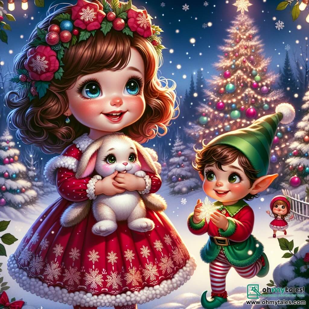 A one-year-old girl with bright big eyes and curly brown hair smiles in wonder while holding her soft bunny. She is wearing a pretty red dress with snowflake patterns, standing in front of a large Christmas tree decorated with sparkling garlands and colorful baubles. Next to her is a little elf named Jingle, about five years old, with pointed ears and a green hat, jumping with joy. He wears a red and green costume and holds a shiny star in his small hands, looking at the girl with admiration. The scene takes place in a snowy forest, where snowflakes gently fall, and the trees are covered in a thick layer of sparkling snow. Christmas lights illuminate the surroundings, creating a magical atmosphere. The main focus shows Lily and Jingle, both smiling, celebrating the discovery of the Christmas star, surrounded by winter beauty, ready to bring the magic of Christmas home.