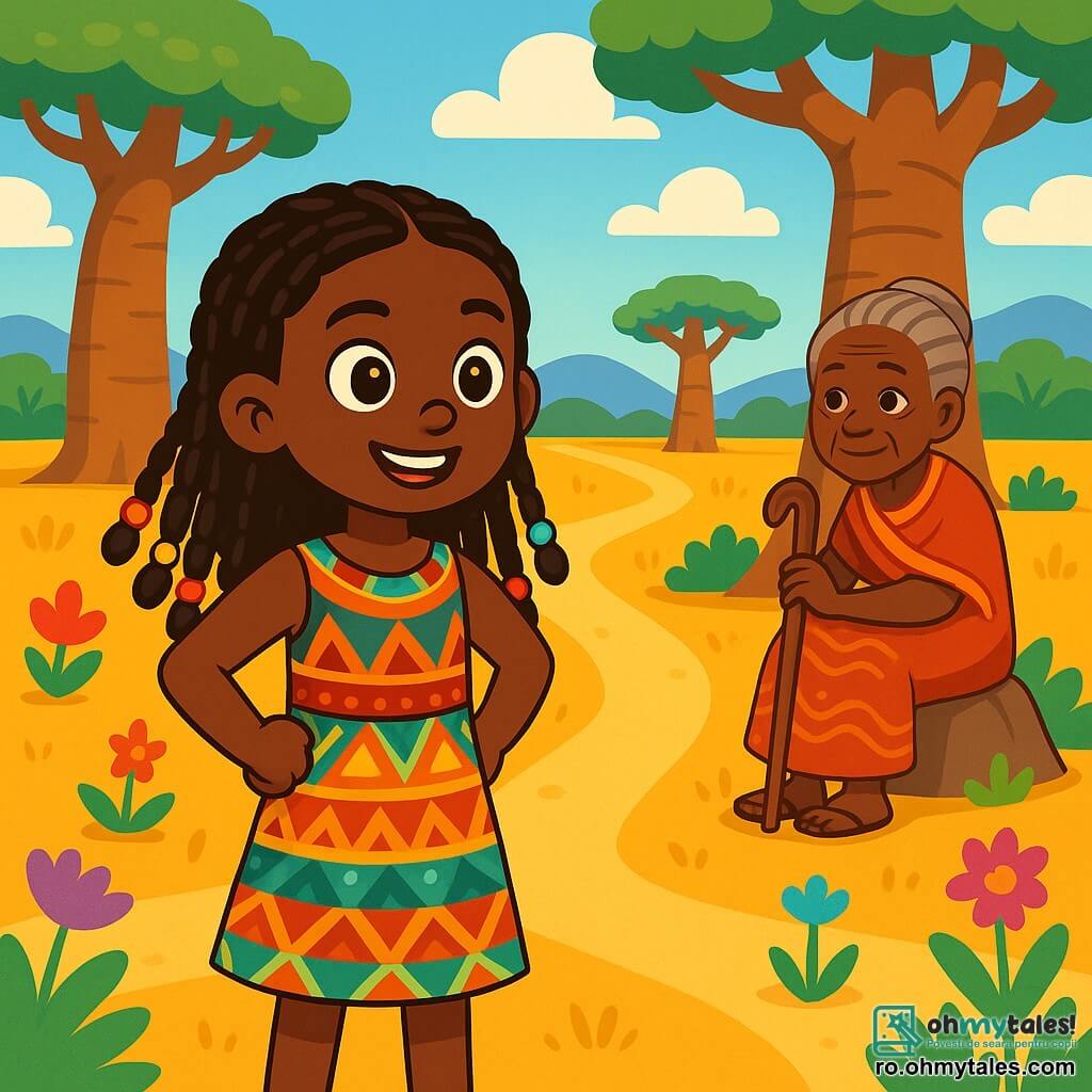 Zolani, o fetiță africană de doisprezece ani, stă curajos în centrul imaginii. Are părul lung și creț, împodobit cu mărgele colorate, un zâmbet hotărât pe față și poartă o rochie tradițională dintr-un material vibrant cu motive geometrice. Ochii ei strălucesc de entuziasm și curiozitate în timp ce privește calea din fața ei. În dreapta ei, Mama Mua, o femeie în vârstă de șaptezeci de ani, stă la umbra unui baobab măreț. Are părul gri împletit și poartă o rochie din pânză cu culori calde. Fața ei exprimă înțelepciune și dragoste, iar ea ține un băț din lemn sculptat, privind-o pe Zolani cu mândrie. Decorul este o savană aurie, presărată cu baobabi impunători și flori colorate. Cerul este de un albastru strălucitor, presărat cu nori albi pufoși. La distanță, se văd dealuri ondulate scăldate în lumina soarelui. Zolani se află în fața unei răscruci misterioase, unde trei căi se separă. Ezită o clipă, inima îi bate de emoție și teamă, pregătită să aleagă una dintre căi pentru a porni în căutarea prețioasei Comoara Înțelepciunii.