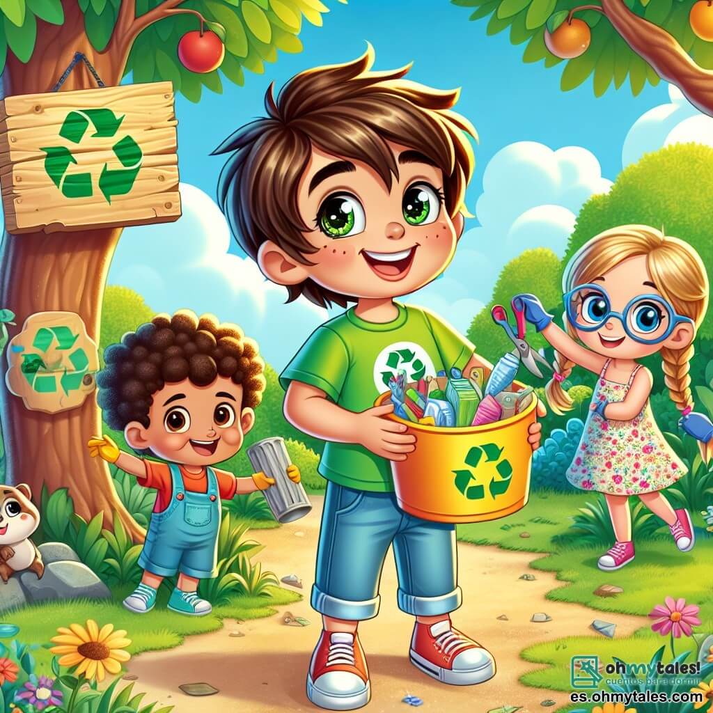 Un niño de 5 años, llamado Tito, con grandes ojos brillantes y cabello castaño desordenado, sonríe alegremente mientras sostiene un gran contenedor de reciclaje. Lleva una camiseta verde brillante con un dibujo de un árbol y un short de mezclilla, mostrando su entusiasmo por proteger la naturaleza. A su lado, Sara, una niña de 6 años con trenzas rubias y un vestido de flores, cuelga un bonito cartel de madera que dice "Recicla para un mundo mejor". Juan, un niño de 7 años con gafas y una camiseta roja, recoge basura con guantes de colores, sonriendo a Tito y listo para ayudar en su misión ecológica. El lugar es un jardín verde, lleno de flores coloridas, árboles frutales y pequeños animales curiosos. La situación principal muestra a Tito y sus amigos trabajando juntos para limpiar el jardín y concienciar a otros sobre la importancia del reciclaje, mientras se divierten y comparten risas.