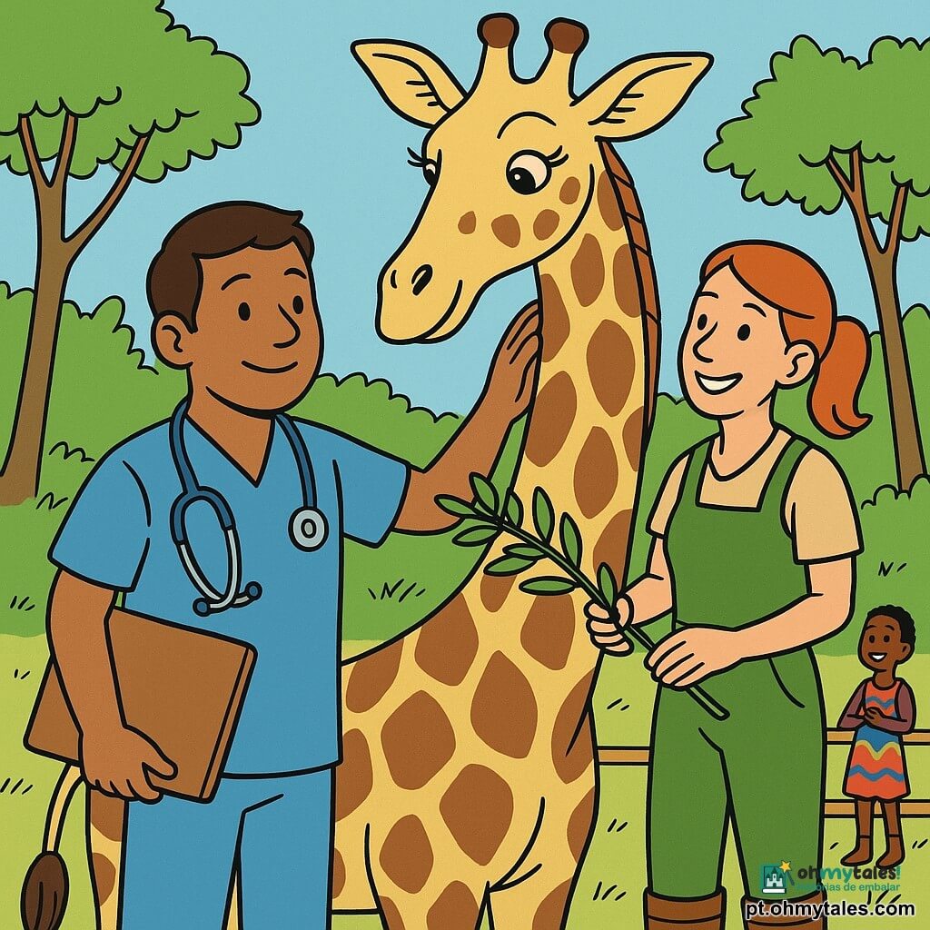 Lucas, homem de ~28 anos, rosto arredondado e sorriso suave, cabelos curtos castanhos, veste jaleco azul de veterinário com estetoscópio no pescoço e pasta na mão, acaricia o pescoço da girafa com atenção; Marta, mulher de ~35 anos, pele clara e cabelo ruivo preso em rabo, usa botas e macacão verde, segura um ramo de acácias ao lado da girafa, sorriso; Amélia, a girafa, alta e elegante, pelagem amarelada com manchas castanhas, olhos grandes e cílios longos, inclina a cabeça confiante; fundo: recinto de zoo claro com grama, árvores finas, cerca de madeira, flamingos perto de um lago e crianças ao longe; cena principal: veterinário examinando e afagando a girafa enquanto a tratadora lhe oferece folhas, atmosfera calorosa, cores vivas e traços nítidos.