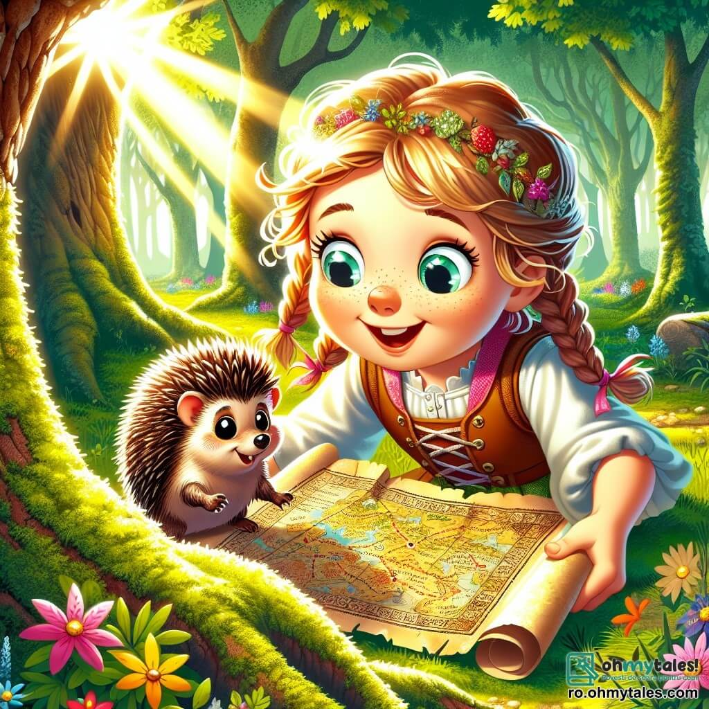 O fetiță de 10 ani, Ilinca, cu codițe jucăușe și ochi strălucitori de curiozitate, este așezată într-o poiană însorită, ținând o hartă veche a comorii în mâini. Fața ei exprimă entuziasm și uimire, cu un zâmbet mare care îi luminează chipul. Lângă ea, un arici mic numit Țepișor, cu blană brună și ochi negri strălucitori, răscolește solul cu lăbuțele sale, căutând indicii. Locul este o pădure verde, cu copaci măreți și trunchiuri groase, razele soarelui filtrându-se printre frunze, creând modele luminoase pe solul acoperit cu mușchi și flori sălbatice colorate. Situația principală arată cum Ilinca și Țepișor descoperă un indiciu ascuns sub un stejar bătrân, înconjurați de o atmosferă magică, plină de mister și aventură, în timp ce se pregătesc să rezolve puzzle-ul hărții comorii.